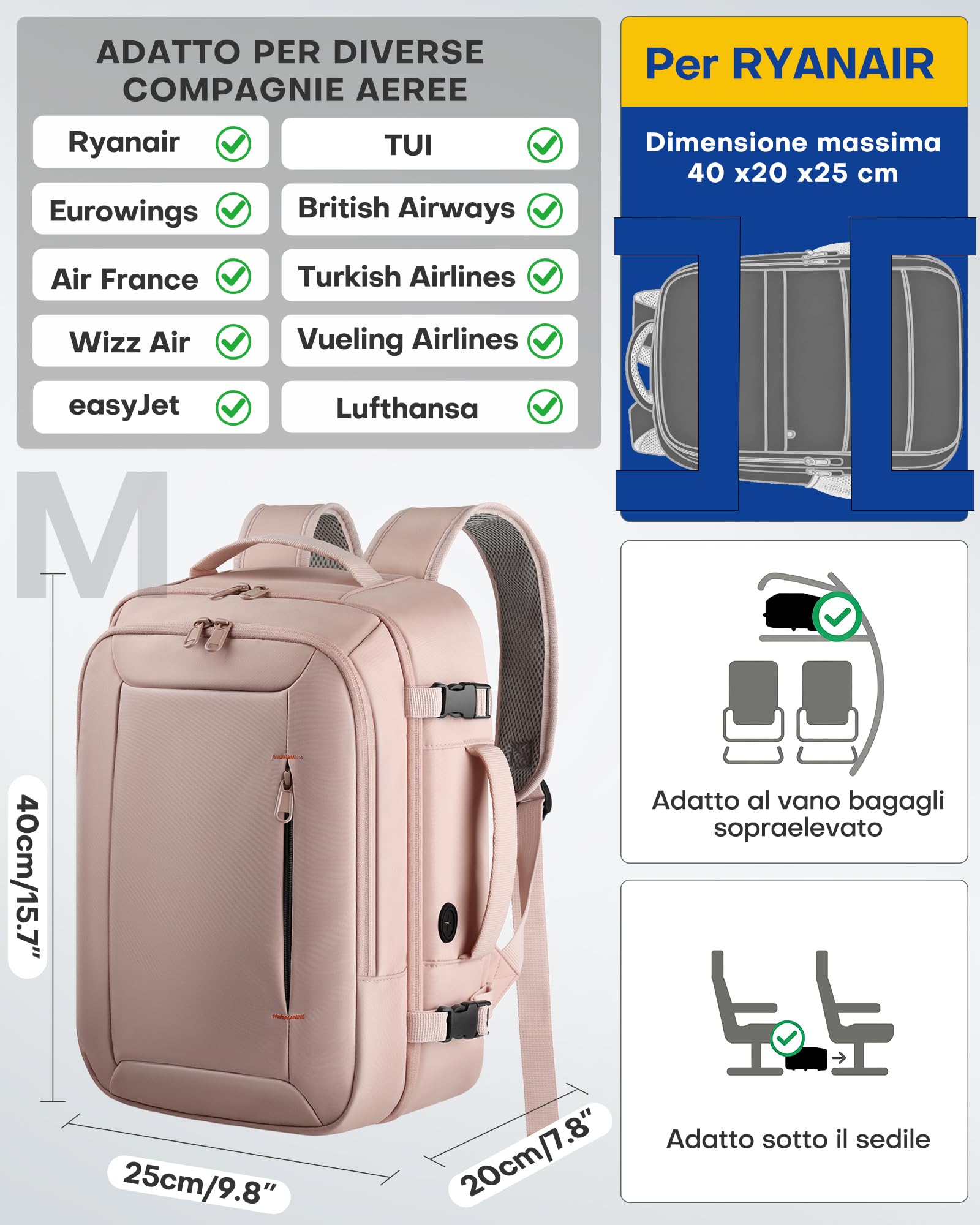 HOTOR Zaino Ryanair 40x20x25 - Zaino da Viaggio Zaino Porta PC Multi-Tasca e Portatile, Bagaglio a Mano Compatibile Ryanair, Con Foro USB, Per Donna e Uomo Lavoro, Viaggi in Aereo e Trekking