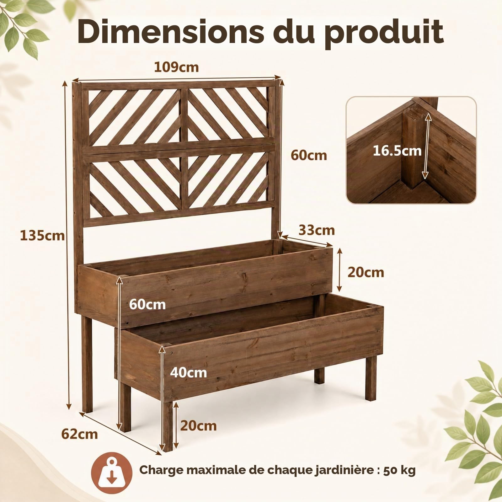 HOMASIS Jardinière avec grille en bois pour l'extérieur, treillis à 2 étagères, plantes grimpantes en sapin, drainage, 109 x 62 x 135