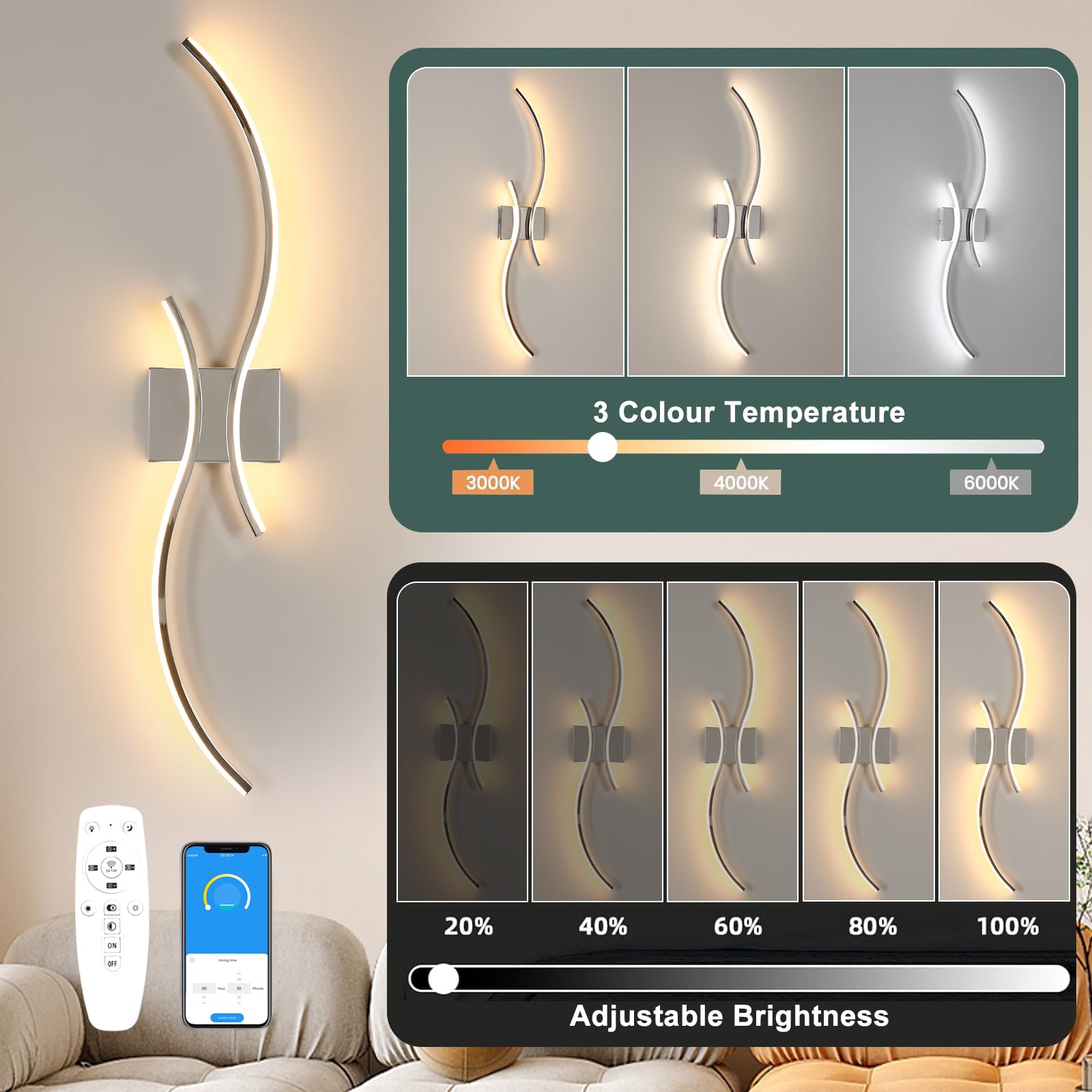 Comely Wewnętrzny Kinkiet LED, 32W Światło Liniowa Lampa Ścienna, Nowoczesne Aluminiowe Kinkiety Regulowane Z Pilotem Do Sypialni Korytarza Salonu Schodów (Chrom, 80CM)
