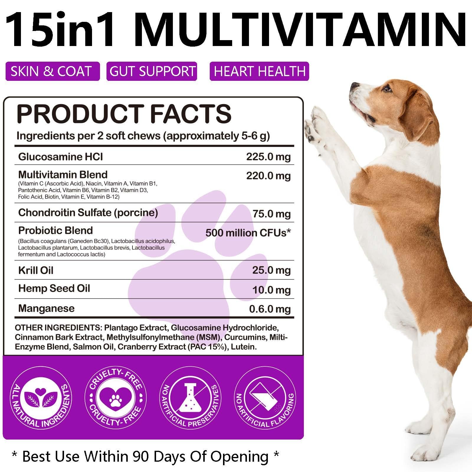Multivitamínico 15 en 1 para perros - 150 snacks masticables con soporte para las articulaciones, salud digestiva, corazón, piel y pelo - Vitaminas para perros A, E, D3, B12 y minerales esenciales