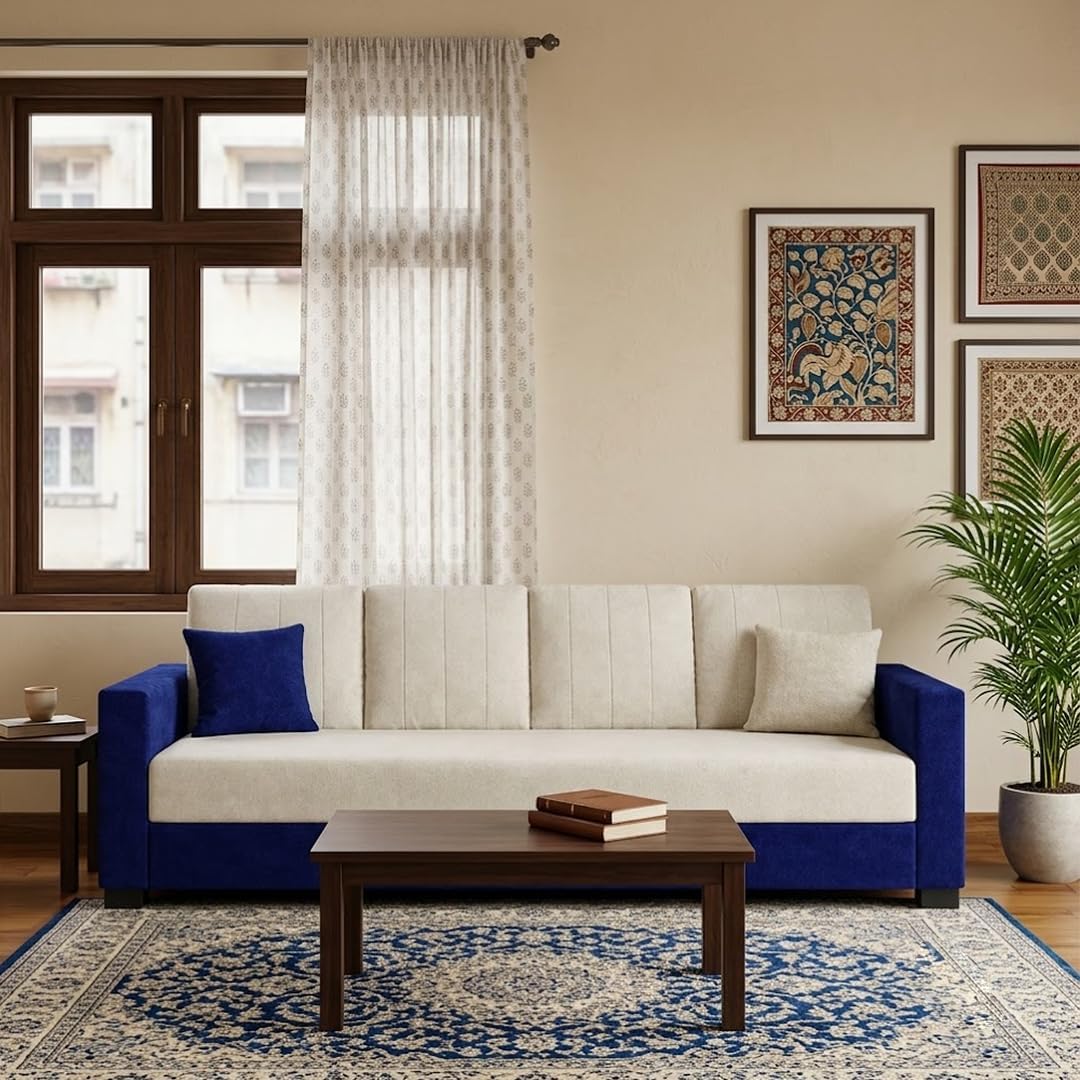Cassava Dual Tone Soft Velvet Suede 4 Seater Sofa | Spacious Soft Touch Seating | Modern Comfort Sofa (Dark Blue & Cream)-image-9