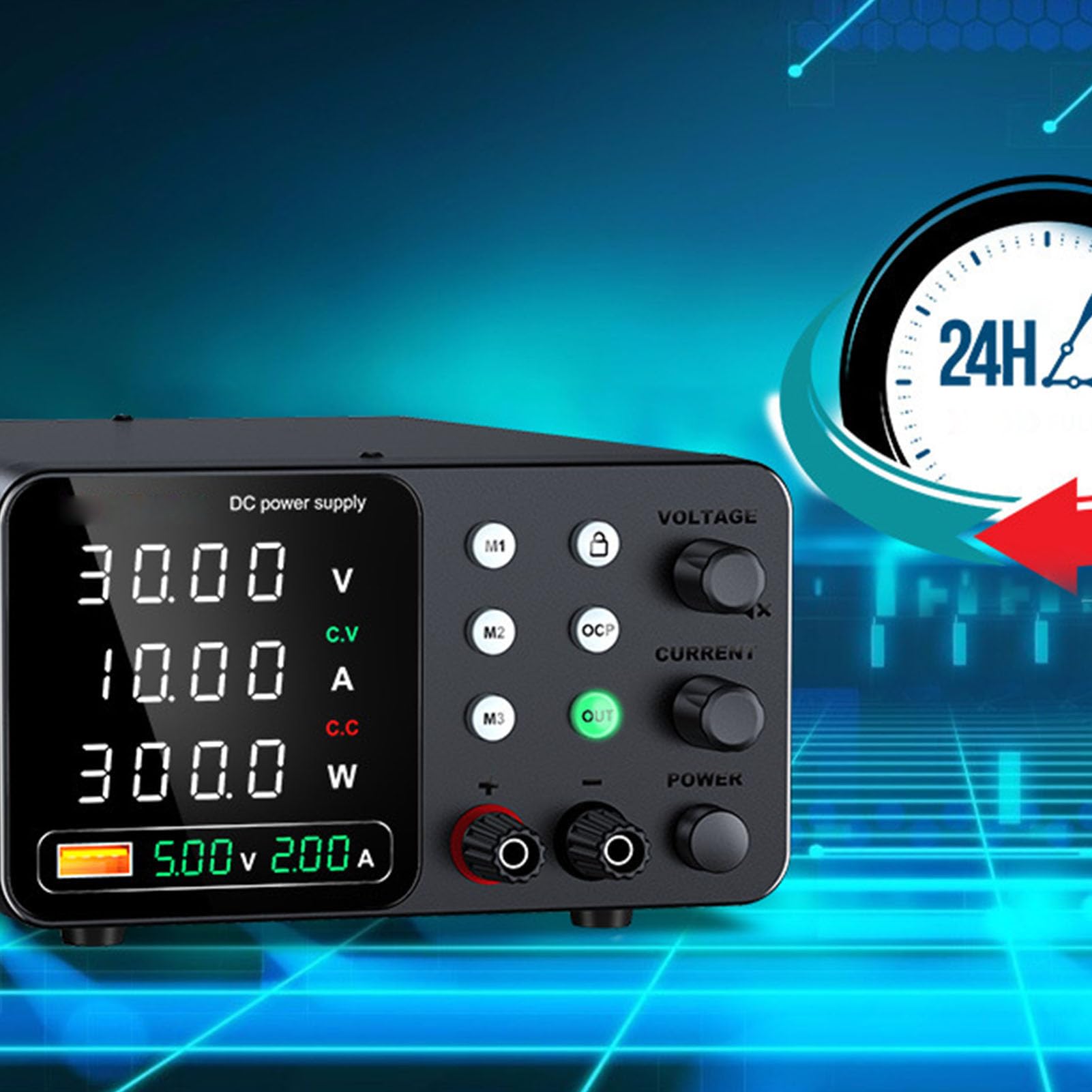 FTVOGUE Ajustable DC Fuente de Alimentación 0-30V 0-5A Banco Variable Fuentes de Alimentación con Encoder Sin Escalonamientos 18W USB Un Puerto de Carga (Enchufe UE 230V)