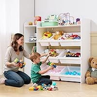 Vista 8 de VEVOR Estantería y almacenamiento de juguetes para niños, organizador de almacenamiento de juguetes de 4 niveles con 8 contenedores de plástico