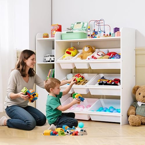 Miniatura 8 de VEVOR Estantería y almacenamiento de juguetes para niños, organizador de almacenamiento de juguetes de 4 niveles con 8 contenedores de plástico