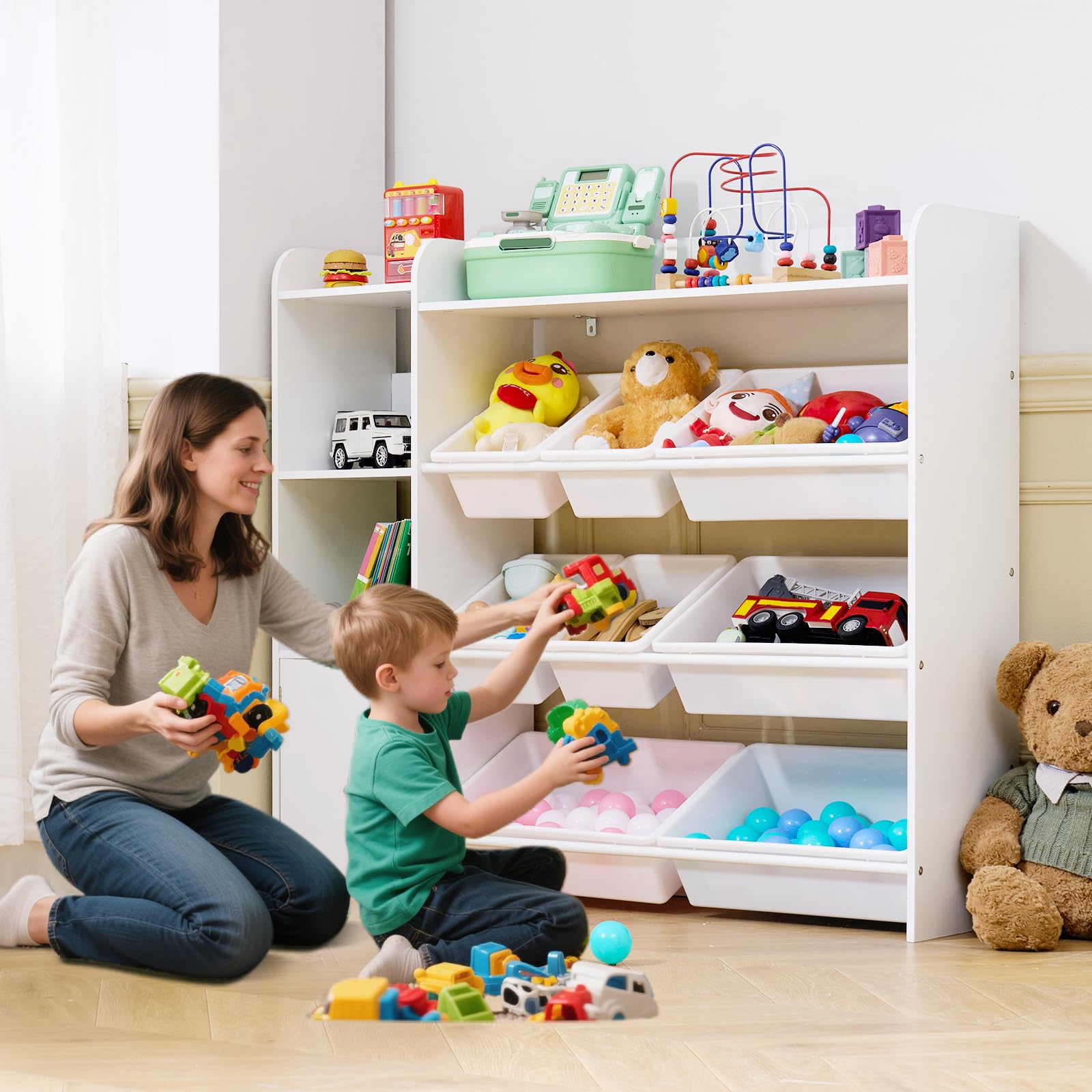 VEVOR Meuble de Rangement Jouets Enfant à 4 Niveaux avec bibliothèque, étagère d'organisateur de Jouets avec 8 bacs en Plastique Flexibles, pour Salle d'étude, Chambre, Salle de Jeux, crèche, Blanc
