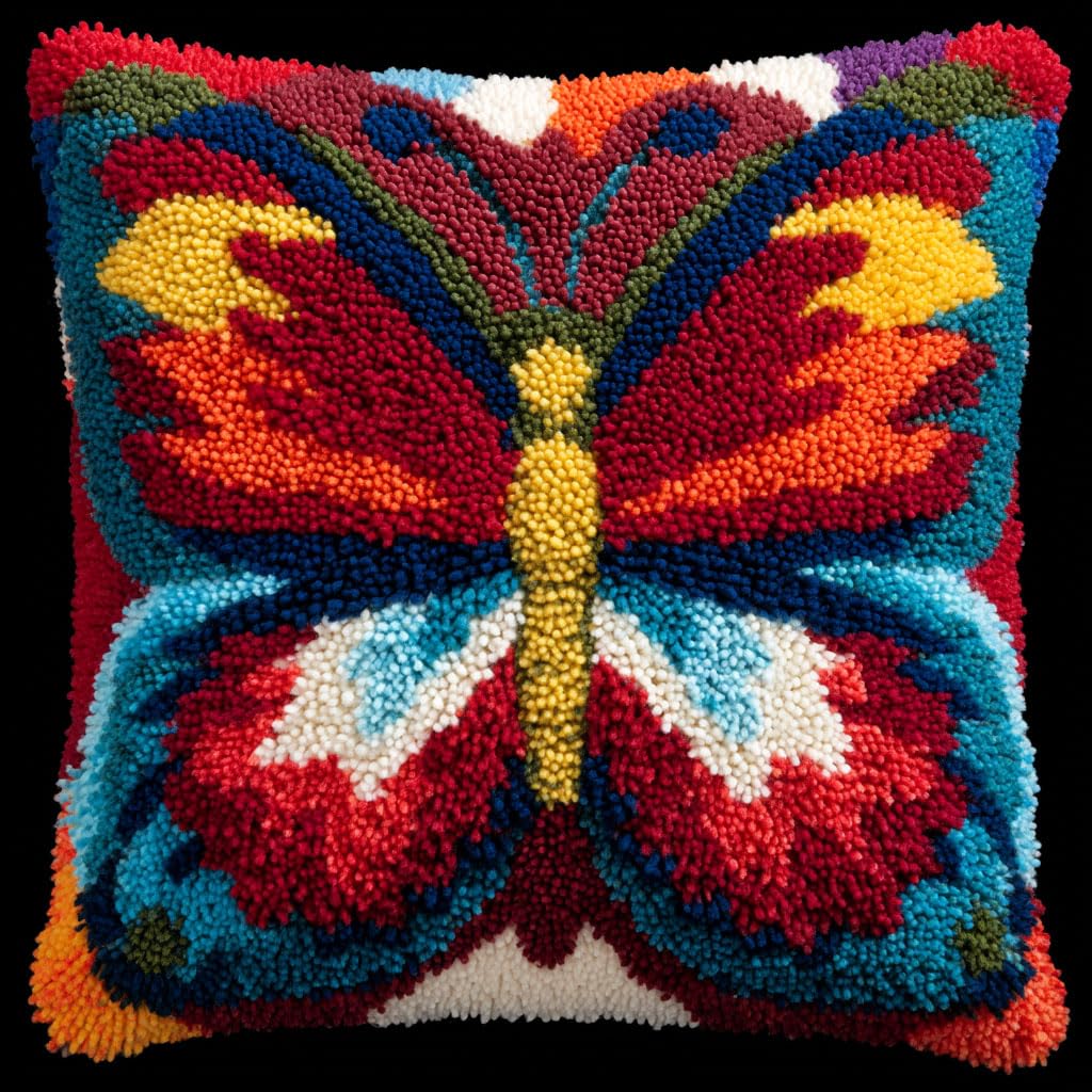 Taxpy Latch Hook Cushion Kit-E Diy Latch Hook Pillow Kits, Cartoon Butterfly Throw Pillow Cover Pre-Printed Patterns Pillowcase Needlework Crochet Yarns Latch Hooking Cushion For Sofa Decor 17X17inch