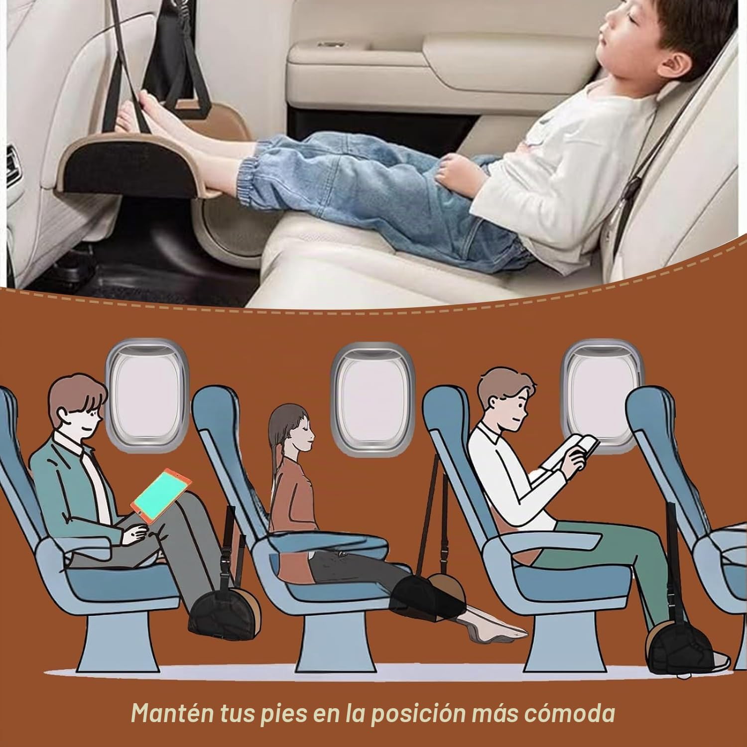 YUNYU Hamaca de pies ajustable para avión y coche, diseño de dibujos animados, soporte portátil de tela de poliuretano, 1 reposapiés marrón para niños y adultos