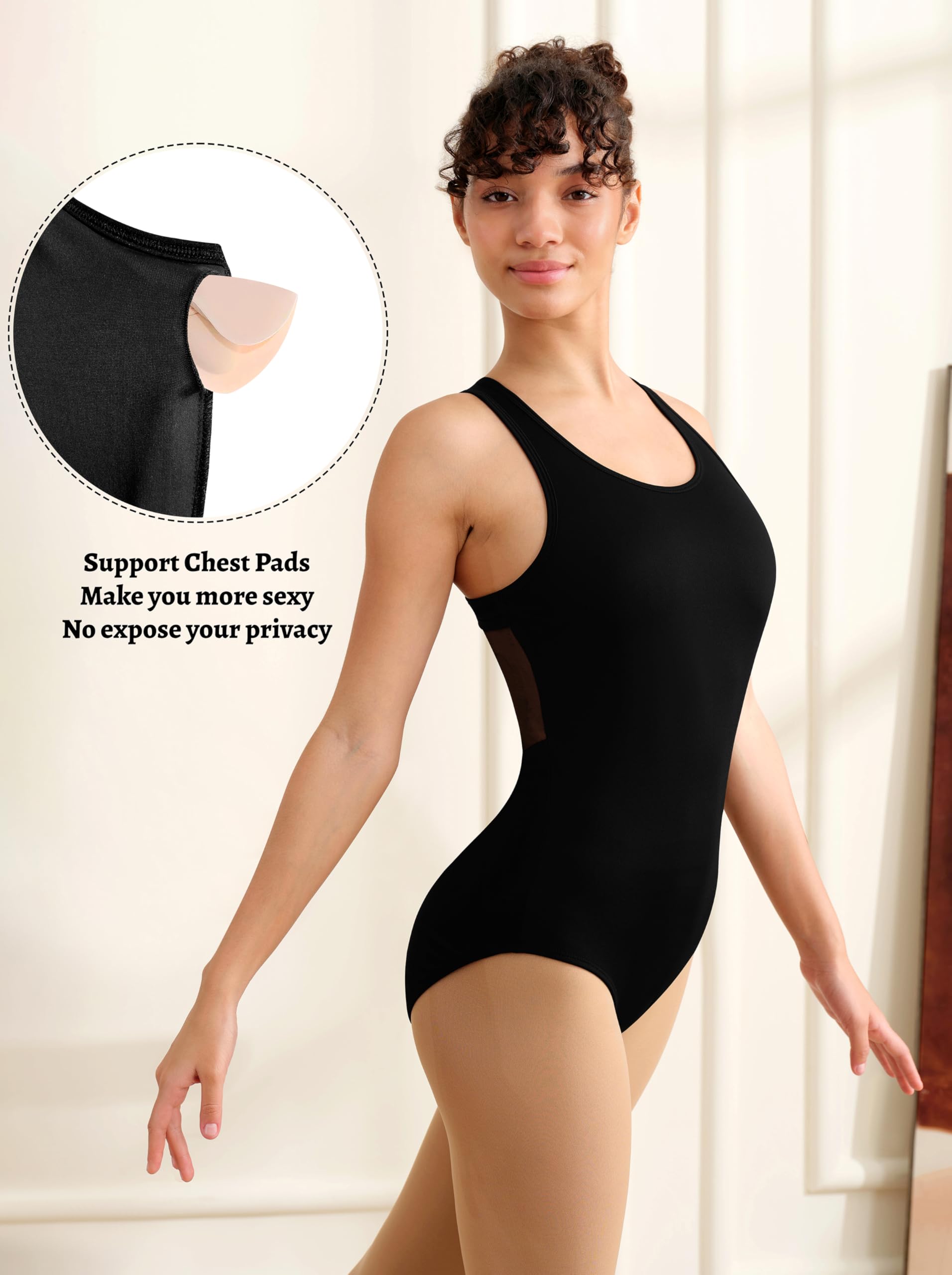 Damen Ballett Leotard mit Mesh Hohlrücken, eingebaute Brust Pads Taschen Tanzkleidung