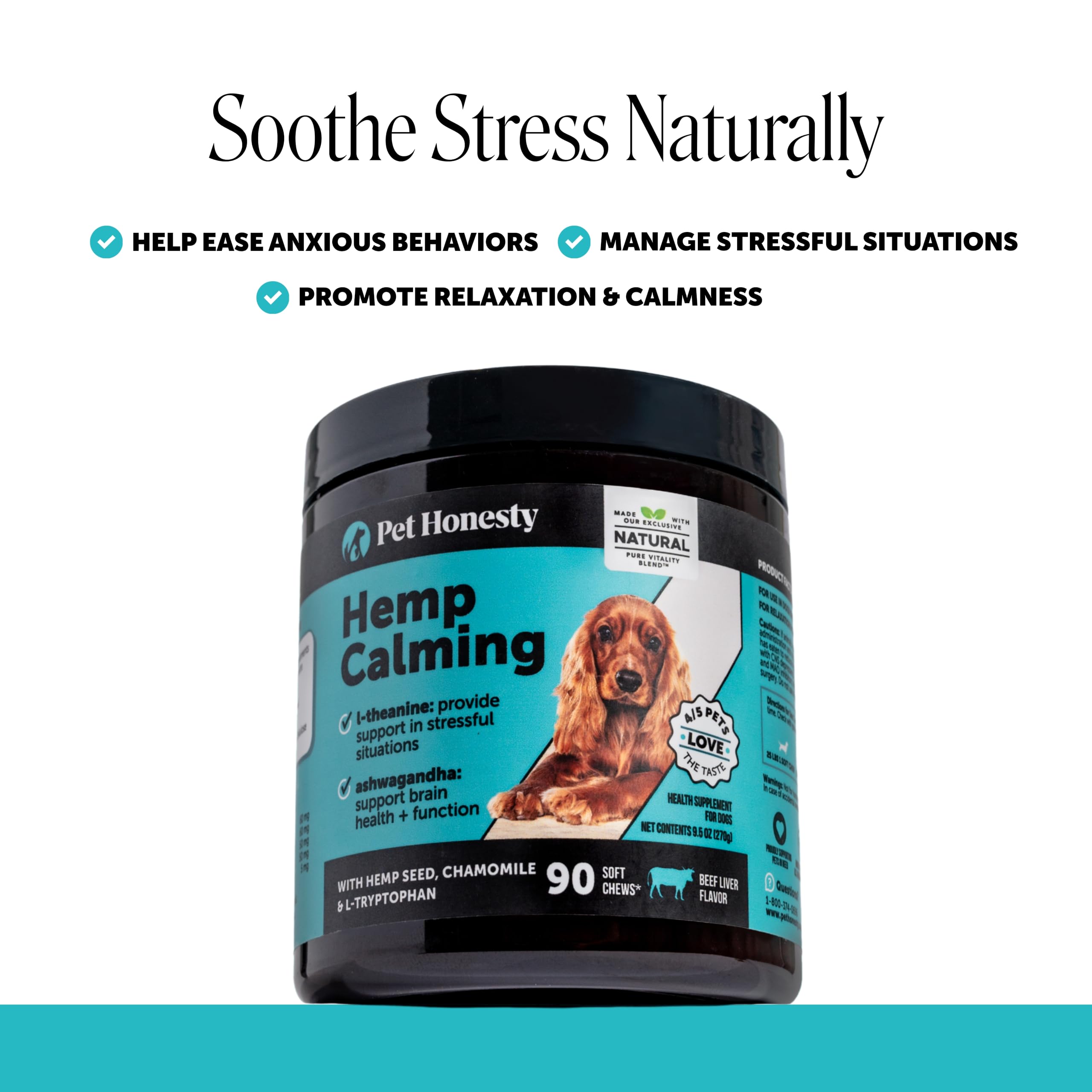 Pet Honesty Cáñamo natural calmante para perros – Alivio de la ansiedad en perros – Calmante con raíz de valeriana, manzanilla + magnesio – Estrés, separación y ayuda a los truenos