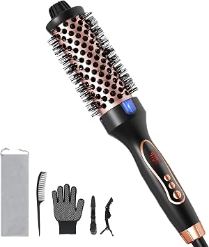 Thermal Brush, 1.5 inch Heated Round Brush Hair Curling Brush for Natural Curl, Straightener and Curler 2 in 1, Negative Ion Technology, 9 Temperature Settings, Dual Voltage for Travel, Black