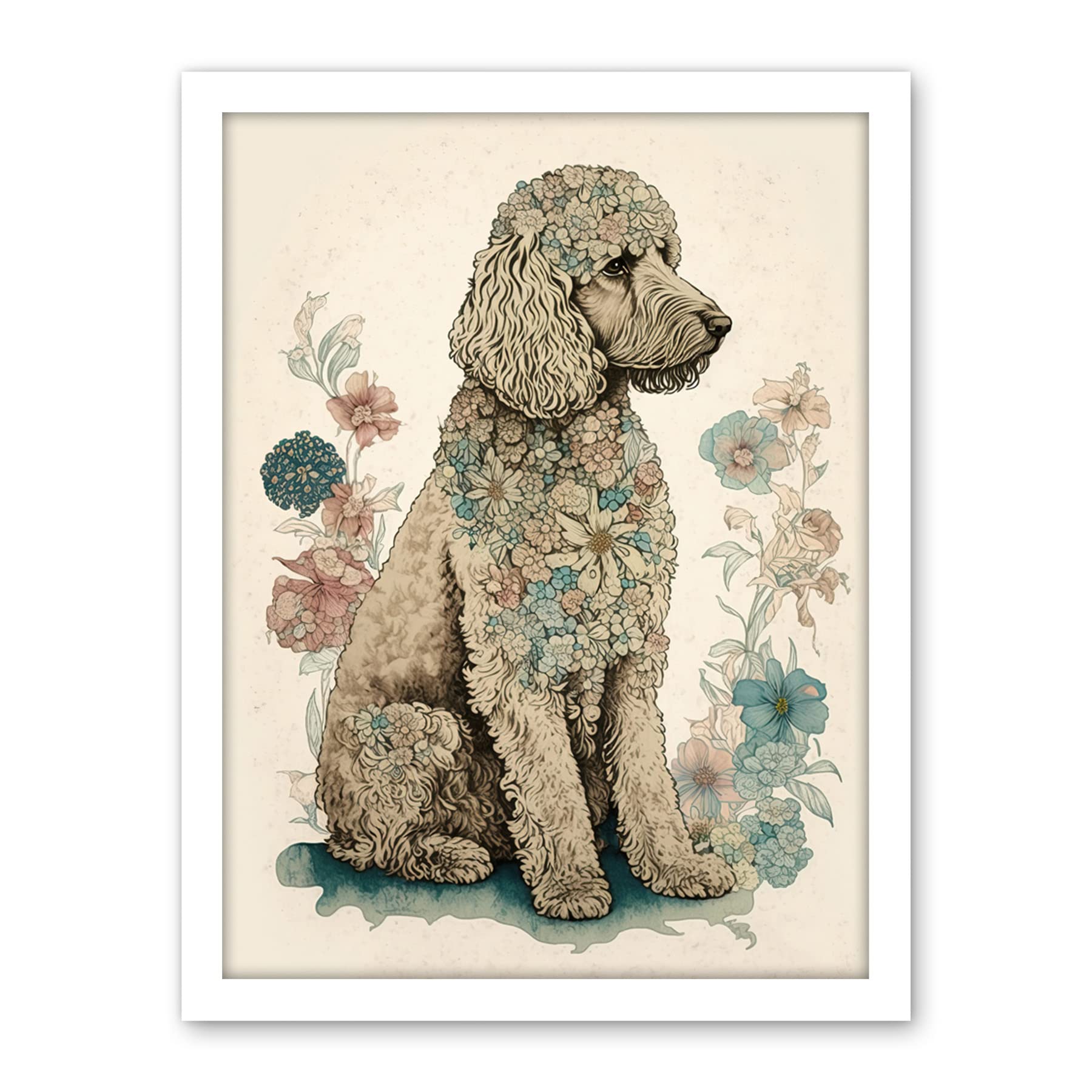 Artery8 Poodle Dog with Flower Fur Coat Modern Boho Watercolour Illustration Artwork Framed Wall Art Print 18X24 Inch