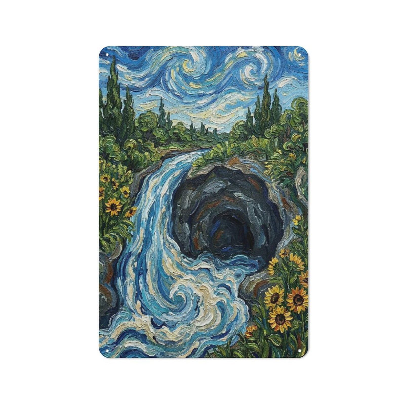 Junmoney Style-21 Retro-Style Tin Sign 30X20cm Featuring Waterfall And Cave In Van Gogh Style For Hallway Wall, For Garage, Workshop And Man Cave Decoration