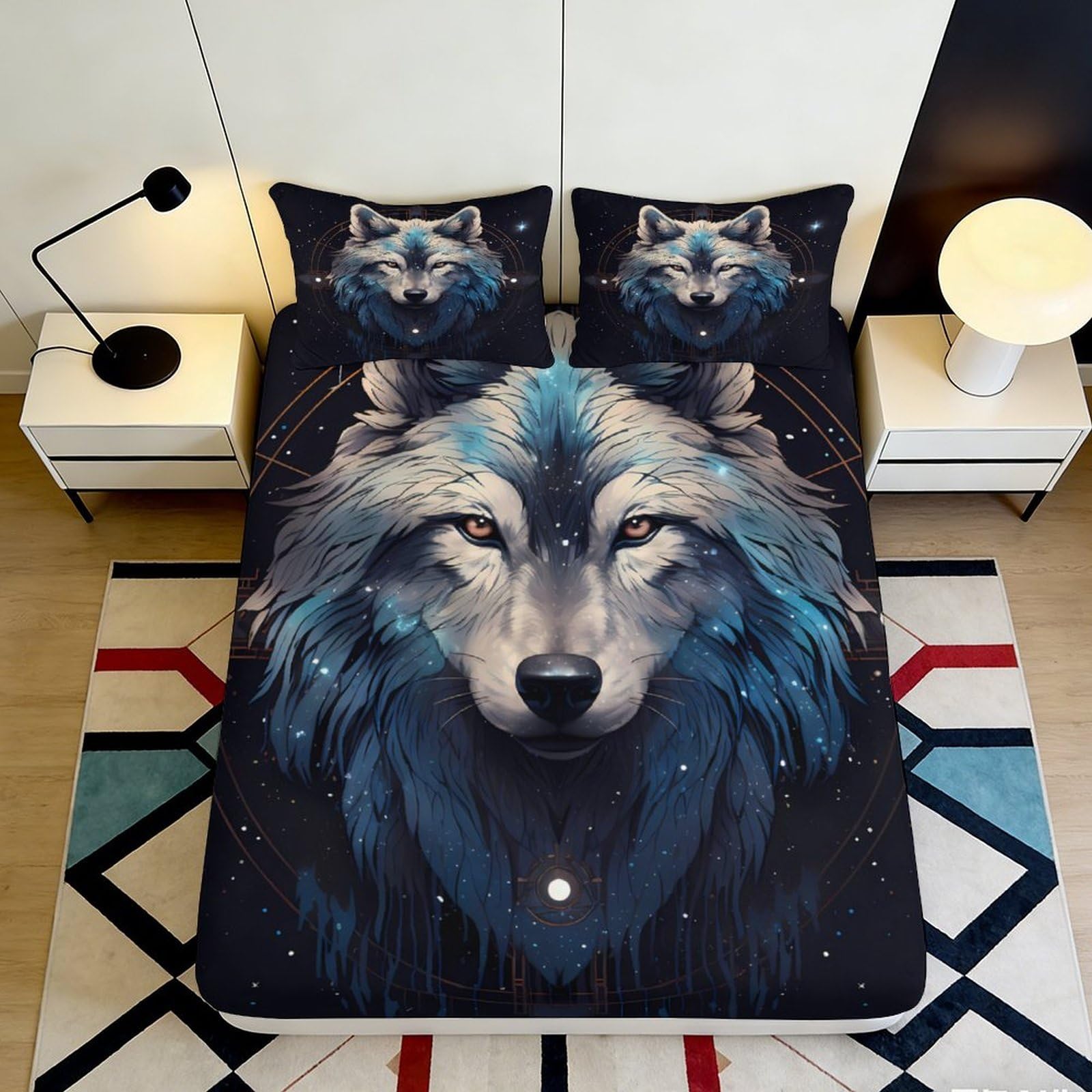 3D Printed Blue Wolf Fitted Sheet Microfiber Soft Breathable Cosmic Night Bed Cover for Bedroom Dorm Mattress Decor 140x200x25cm