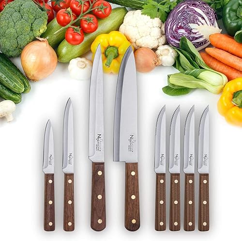 Miniatura 3 de New England Cutlery Juego de 9 piezas de bloques de cuchillos de acero inoxidable al carbono premium con mango de madera de nogal