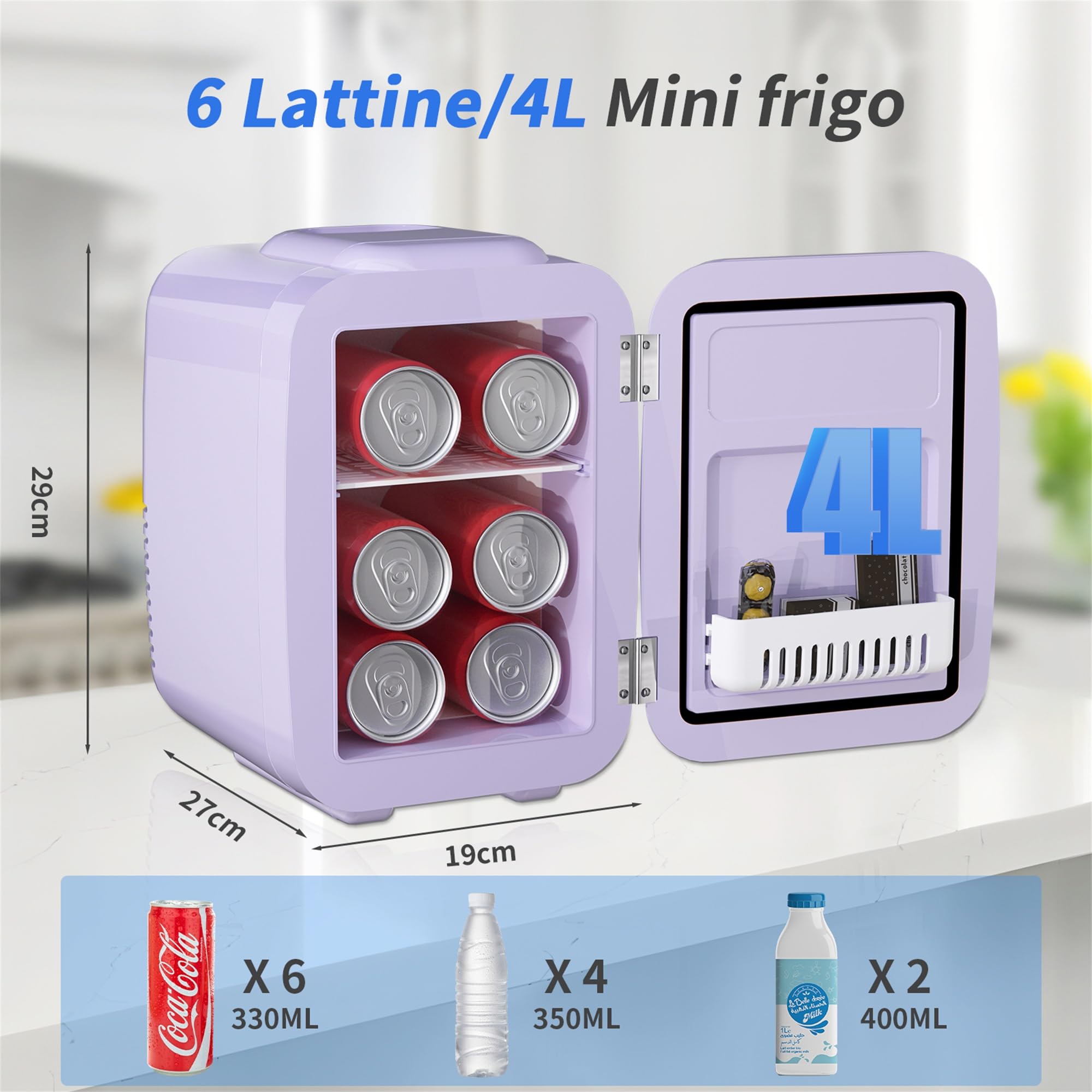 YASHE Mini frigo da camera, 4L frigorifero piccolo per la cura della pelle, 220V CA/12V CC, termoelettrico e scaldino per bevande, ufficio, dormitorio, auto, Viola