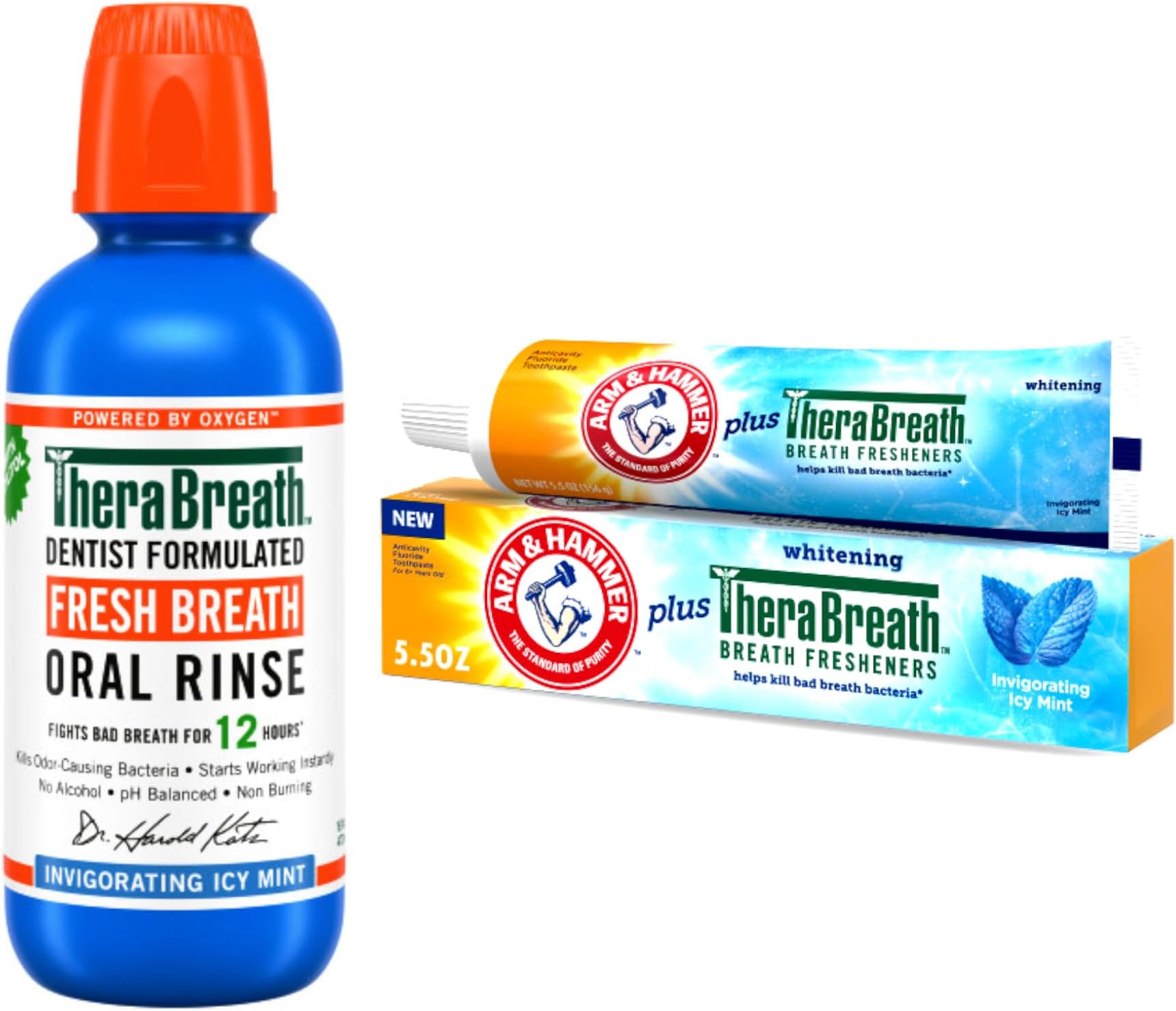 TheraBreath Mouthwash 16 oz and Arm & Hammer Plus TheraBreath Toothpaste 5.5 oz, Invigorating ICY Mint