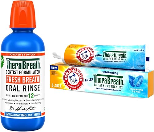 TheraBreath - Enjuague bucal de 16 onzas y pasta dental Arm & Hammer Plus TheraBreath de 5.5 onzas, menta helada vigorizante