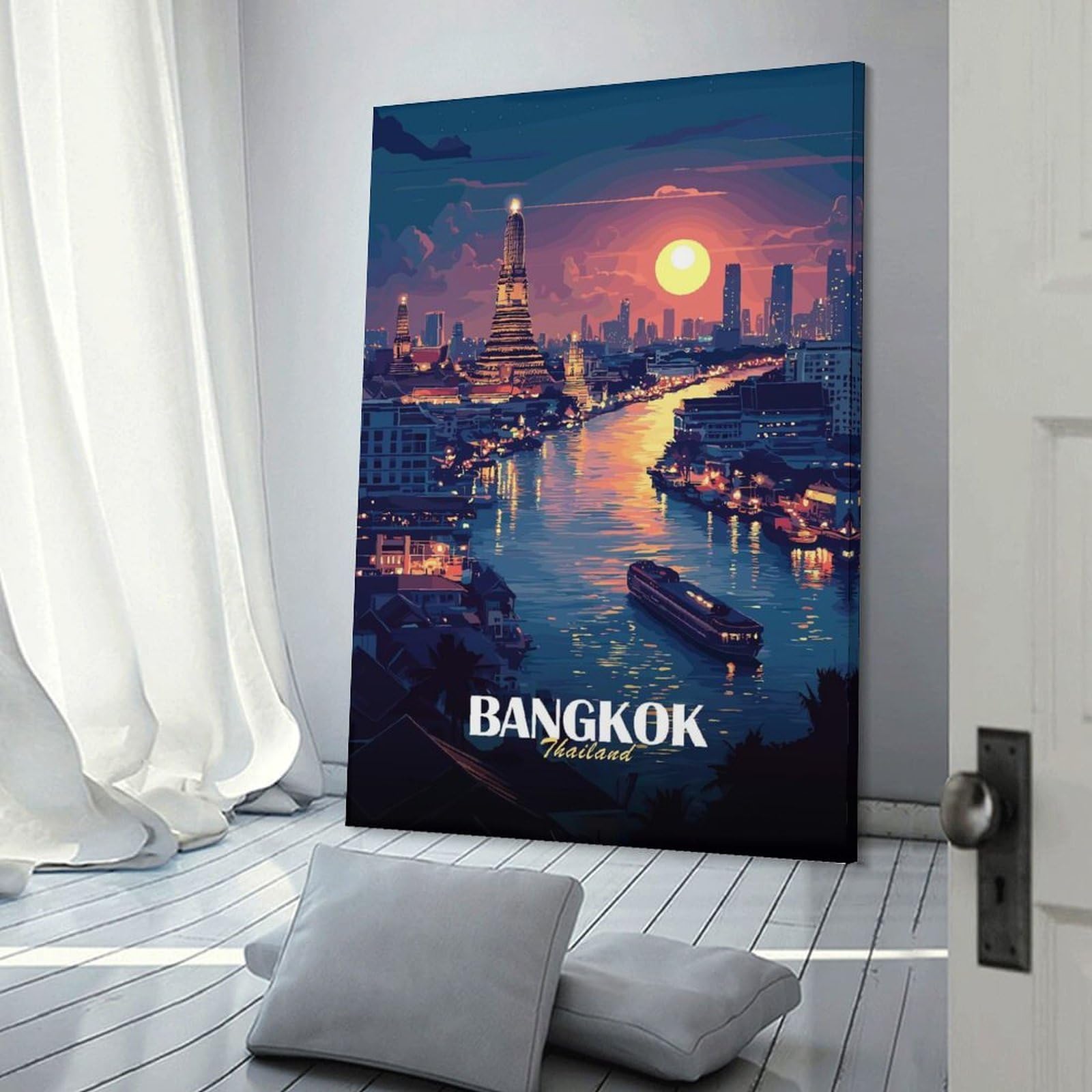 Junmoney Bangkok Thailand Cityscape at Sunset Wall Art Print, 24x36inch(60x90cm), for Entryway, Lounge Links Or Small Walls, Decorative Wall Art for Narrow Spaces