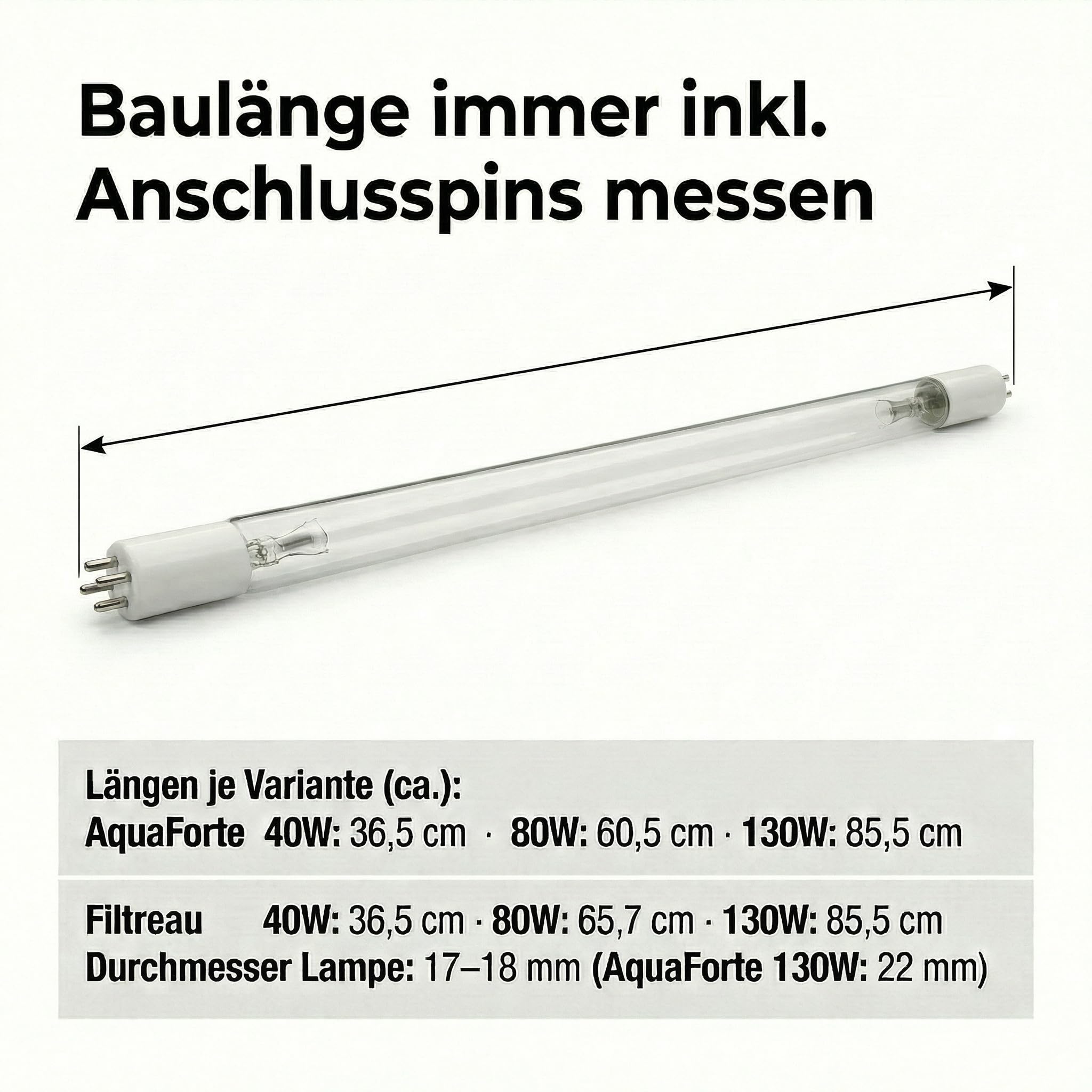 Pondlife Tauch-UVC Amalgam Ersatzröhre 80W, UVC Lampe für Teich, Sockel T5 4‑Pin (Base C), Baulänge inkl. Pins 65,7 cm, Ø 17–18 mm, ca. 16.000 h Brenndauer