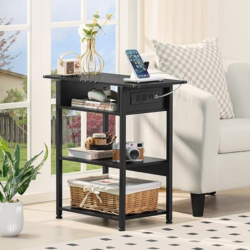 Miniatura 4 de Lerliuo Mesa auxiliar con estación de carga, mesa auxiliar estrecha con puertos USB y tomas, mesita de noche blanca delgada con estante de