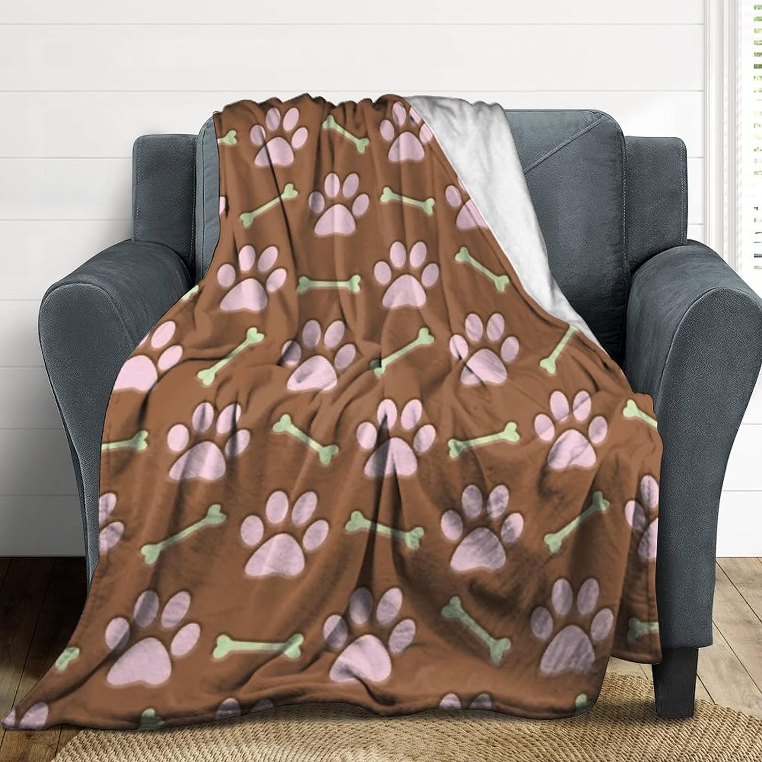 Couverture Chien 3D Plaid Polaire 220x240 Empreintes de Pattes de Chien Doux Microfibre Couverture en Flanelle Kaki Couvertures et Plaids Chaud pour lit Jeté de Canapé 3604y