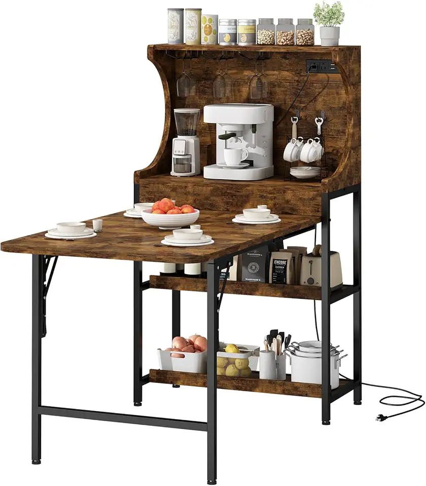 Mesa de Jantar Dobrável com Tomada Integrada, Mesa de Cozinha Multifuncional com Bancada e Armazenamento, Ideal para Espaços Pequenos e Ambientes Versáteis