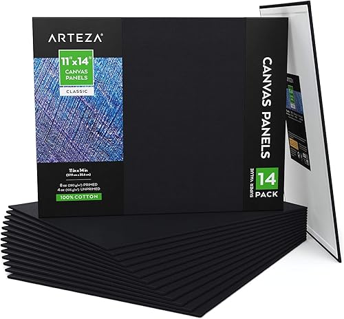 ARTEZA Tableros de lienzo negro para pintura, 11 x 14 pulgadas, paquete de 14, paneles de lienzo en blanco para pintura acrílica, óleo y gouache