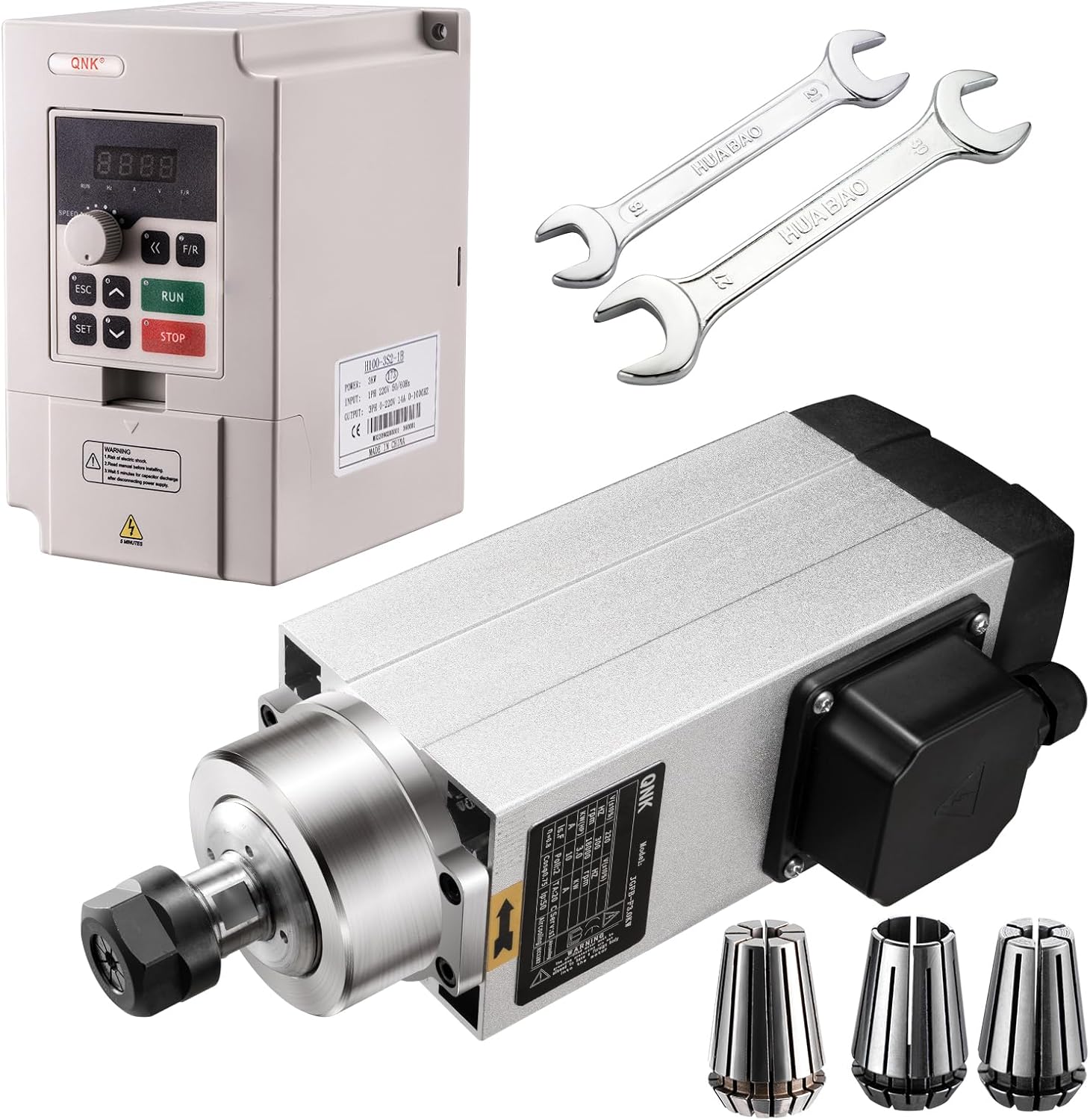 QNK CNC Spindle Motor Kits,220V 3KW CNC Spindle Air Cooled Spindle Motor+3KW 220V VFD Single to 3 Phase Inverter Variable Frequency Drive+ ER20 Collet Set