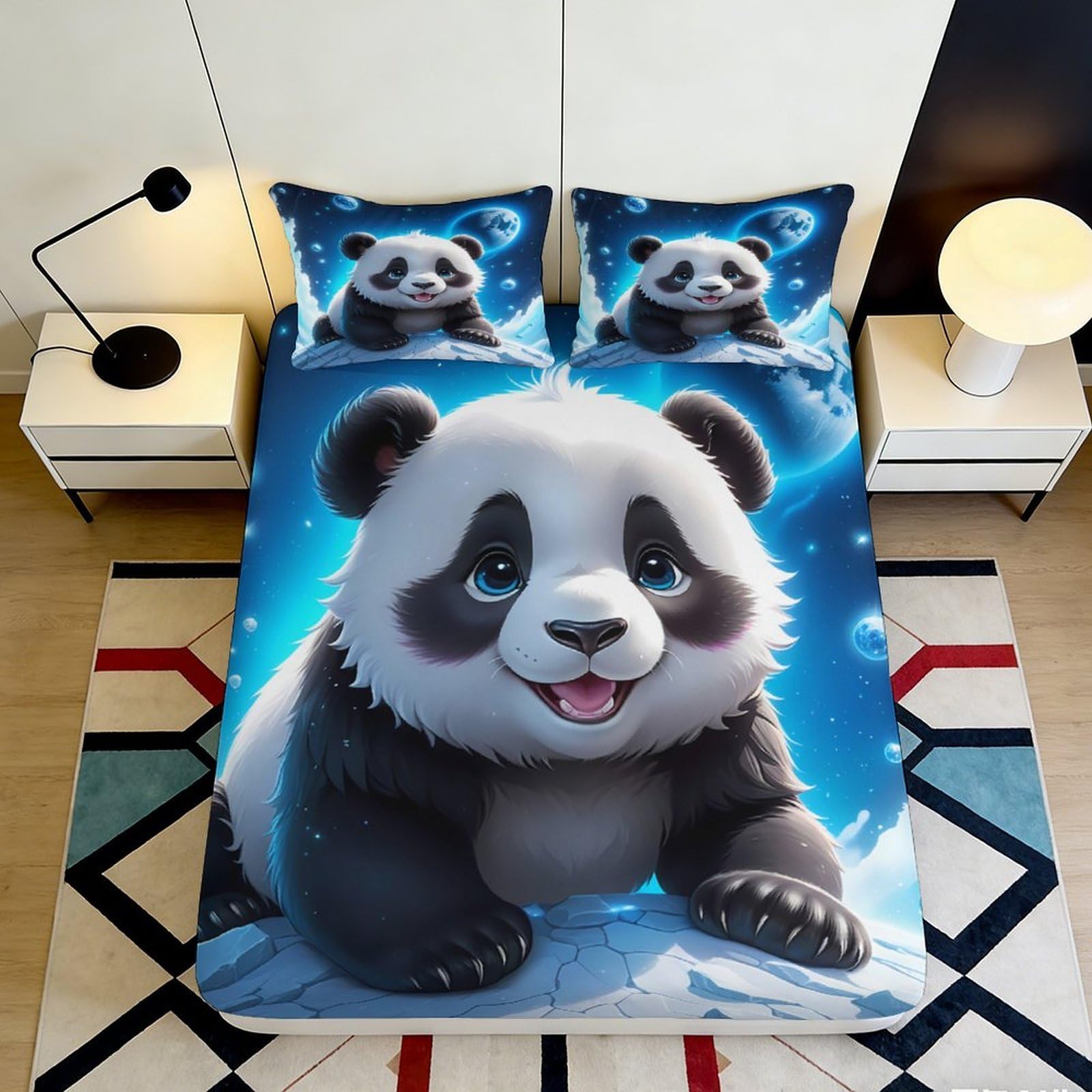 3D Printed Cute Panda Fitted Sheet Microfiber Anti-slip Cartoon Animal Bed Cover for Bedroom Dorm Easy Care 90x200x25cm