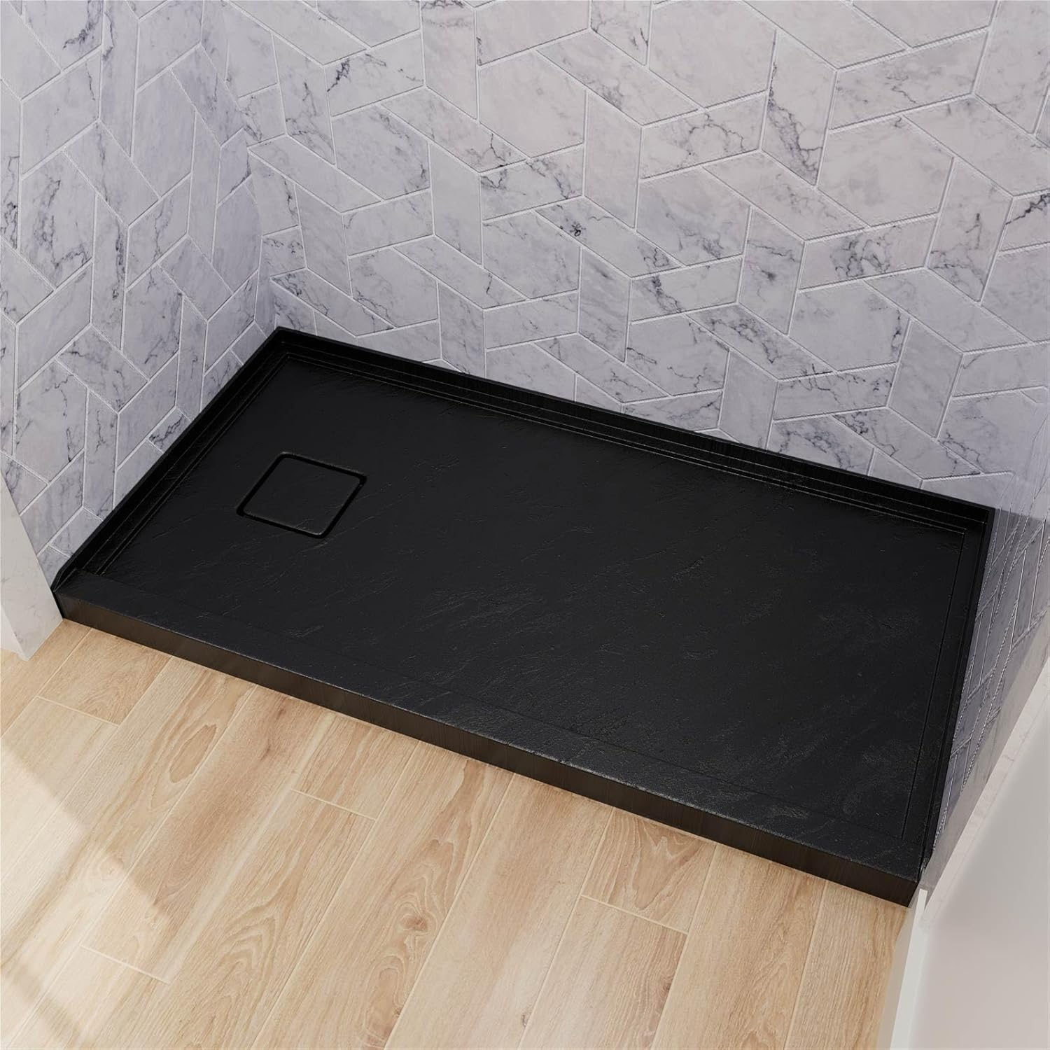 60"L x 32"W x 4"H Shower Base with Left Drain and Magnetic Drain Cover, Rectangle Acrylic Shower Pan with Non-slip Rock Texture, Matte Black, ST514L-BR