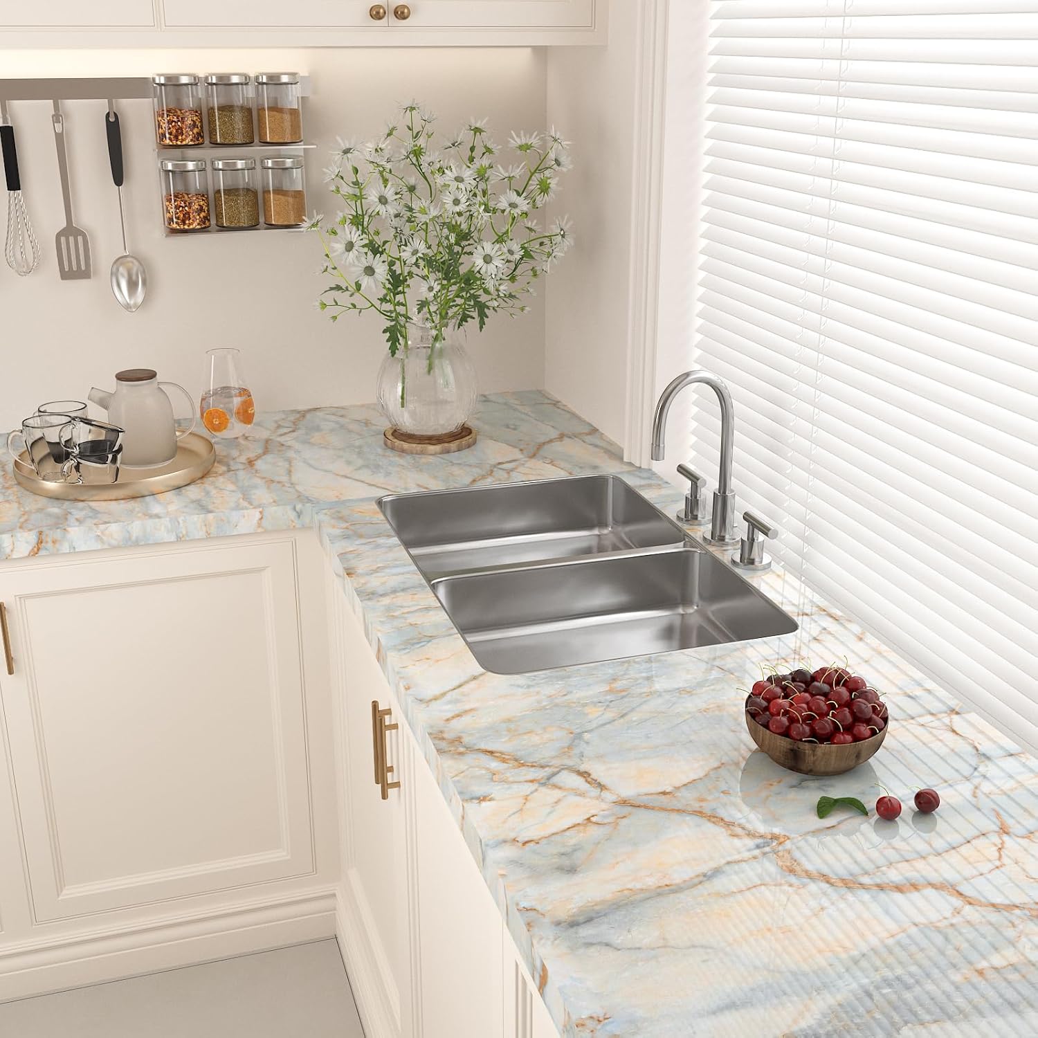 Cyan Marble Contact Paper for Countertops Waterproof Glossy Marble Wallpaper Peel and Stick Blue Gold Vinyl Wallpaper 15.7"x472" Removable Granite Countertop Contact Paper for Kitchen Table