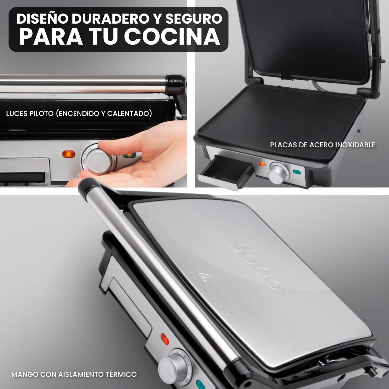 SOGO Grill y Sandwichera profesional de bajo consumo 2000W con Placas Lisas Antiadherentes y Apertura 180° - Plancha Eléctrica Multiuso para Paninis, Carnes y Pescados