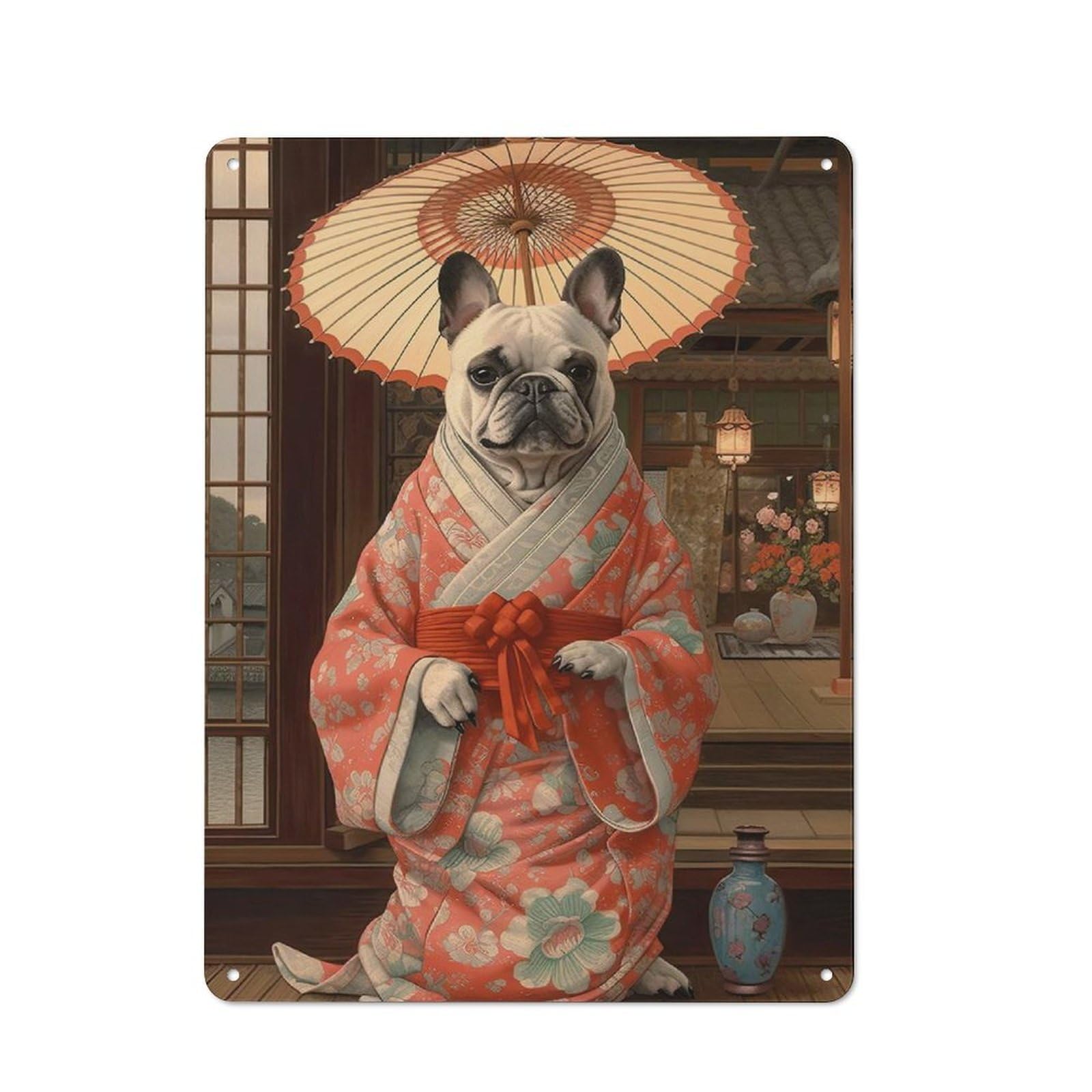 Junmoney Style-6 French Bulldog Geisha Retro Metal Wall Sign 40X30cm For Studio Or Craft Room, For Metal Sign Collectors, For Garage And Workshop Walls