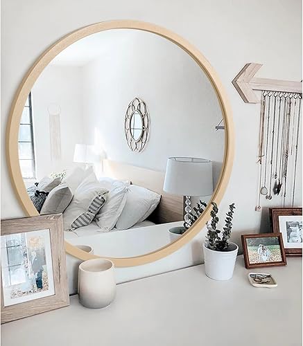 Miniatura 318 de JJUUYOU Espejo circular de pared redondo para baño, espejo de tocador gris, pequeño círculo decorativo para pared, marco de madera, espejo