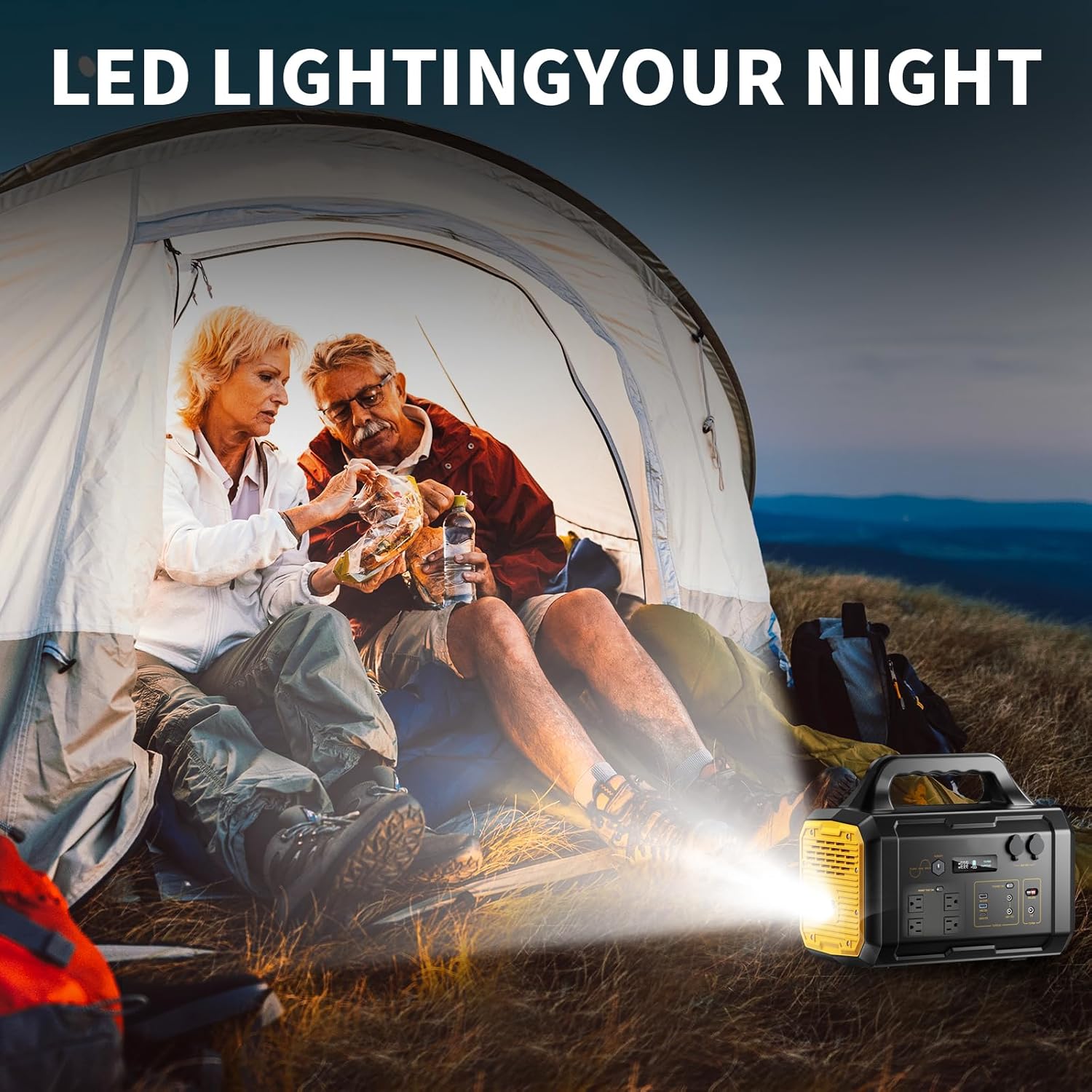 Power station with LED flashlight illuminated, lighting up a tent.