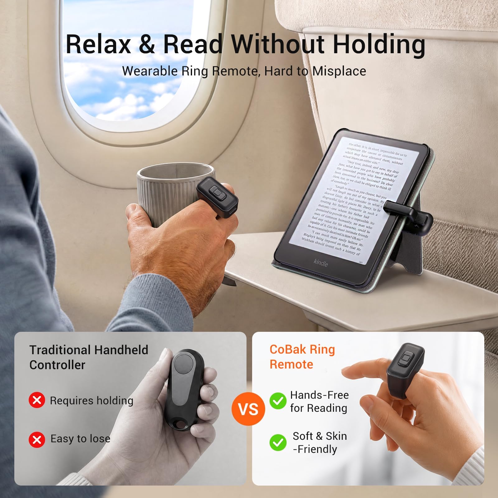 CoBak Page Turner Ring für iPhone, Kindle, Remote Page Turner für iPad & Tablets, Kobo & E-Readers, Kabelloser Fernauslöser für Fotos & Videos, mit Aufbewahrungstasche