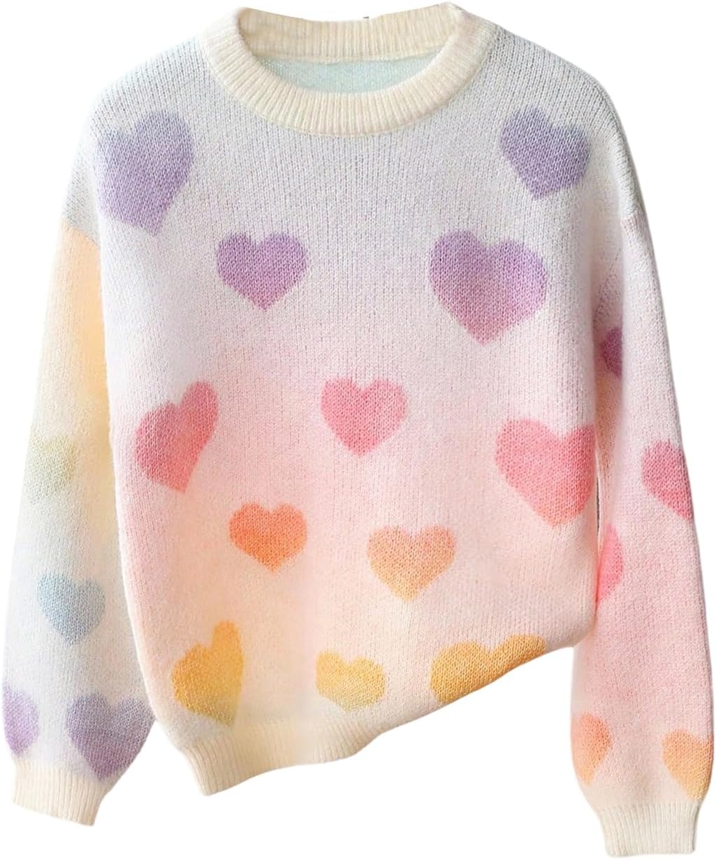 SHENHE Girl's Sweater Crew Neck Heart Print Rainbow Gradient Long Sleeve Fall Sweater Pullover