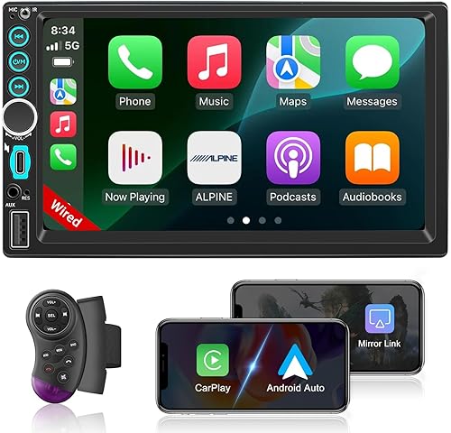 Pantalla de radio estéreo de coche doble DIN Apple Carplay para receptores de audio de automóvil, Bluetooth Car Play Android Auto 7" pantalla