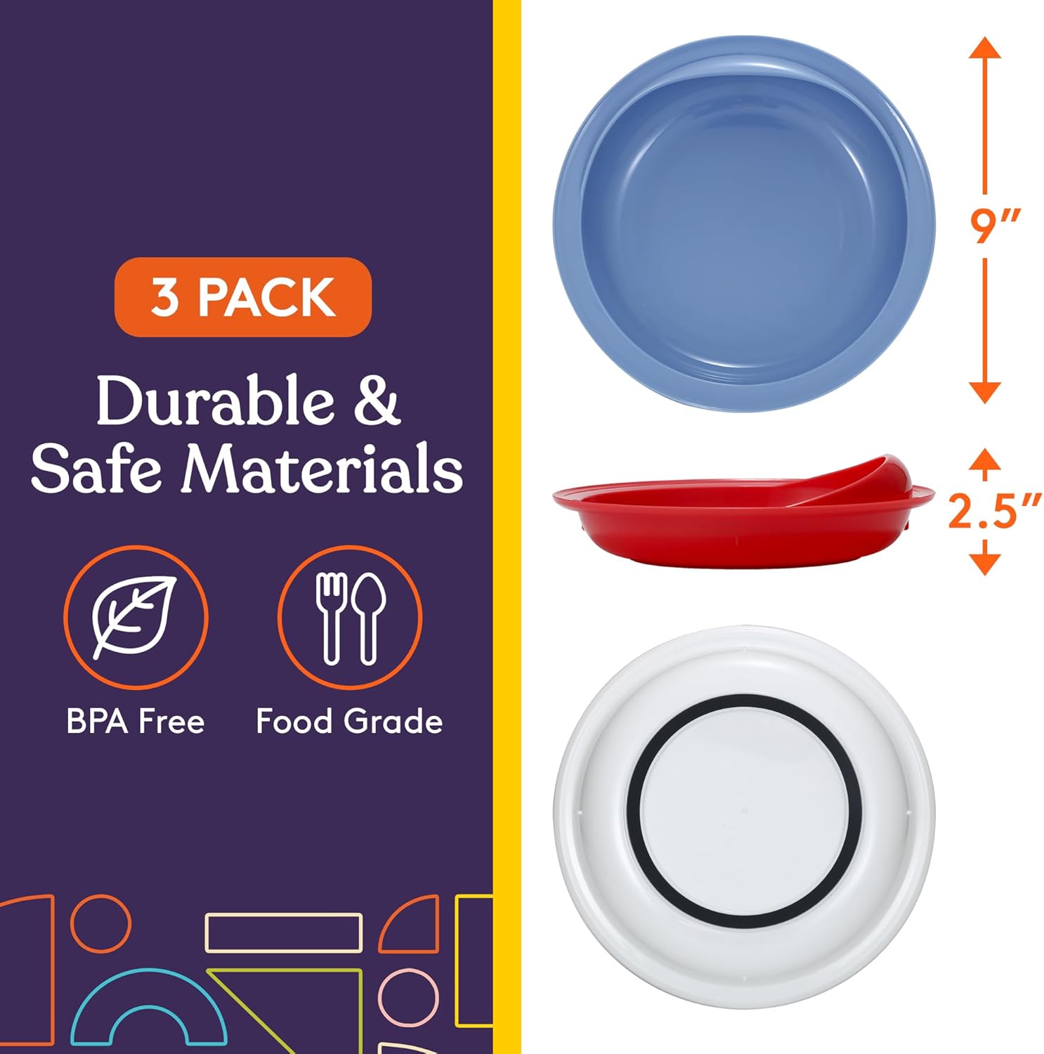 Special Supplies Adaptive Spill-Proof Scoop Plates- Dishes with Wall for Disabled, Elderly Adults with Special Needs from Parkinson's, Dementia, Tremors- 3 Pack (White, Blue, Red)