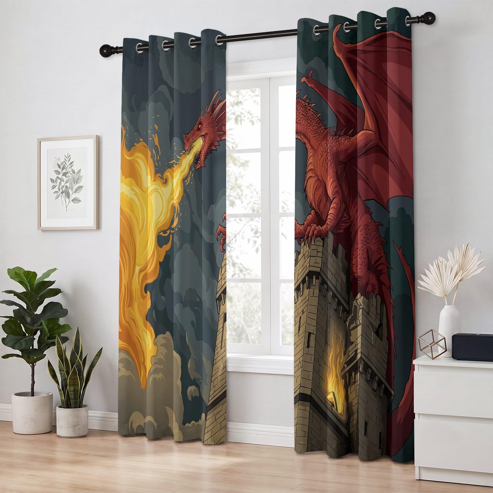 Zasłona przeciwpożarowa, 100% termiczna zasłona zaciemniająca z oczkami, zestaw 2 szt., 75 x 166 cm, fantastyczne zwierzątko do sypialni chłopięcej, do pokoju dziecięcego, gry zaciemniające i redukcja