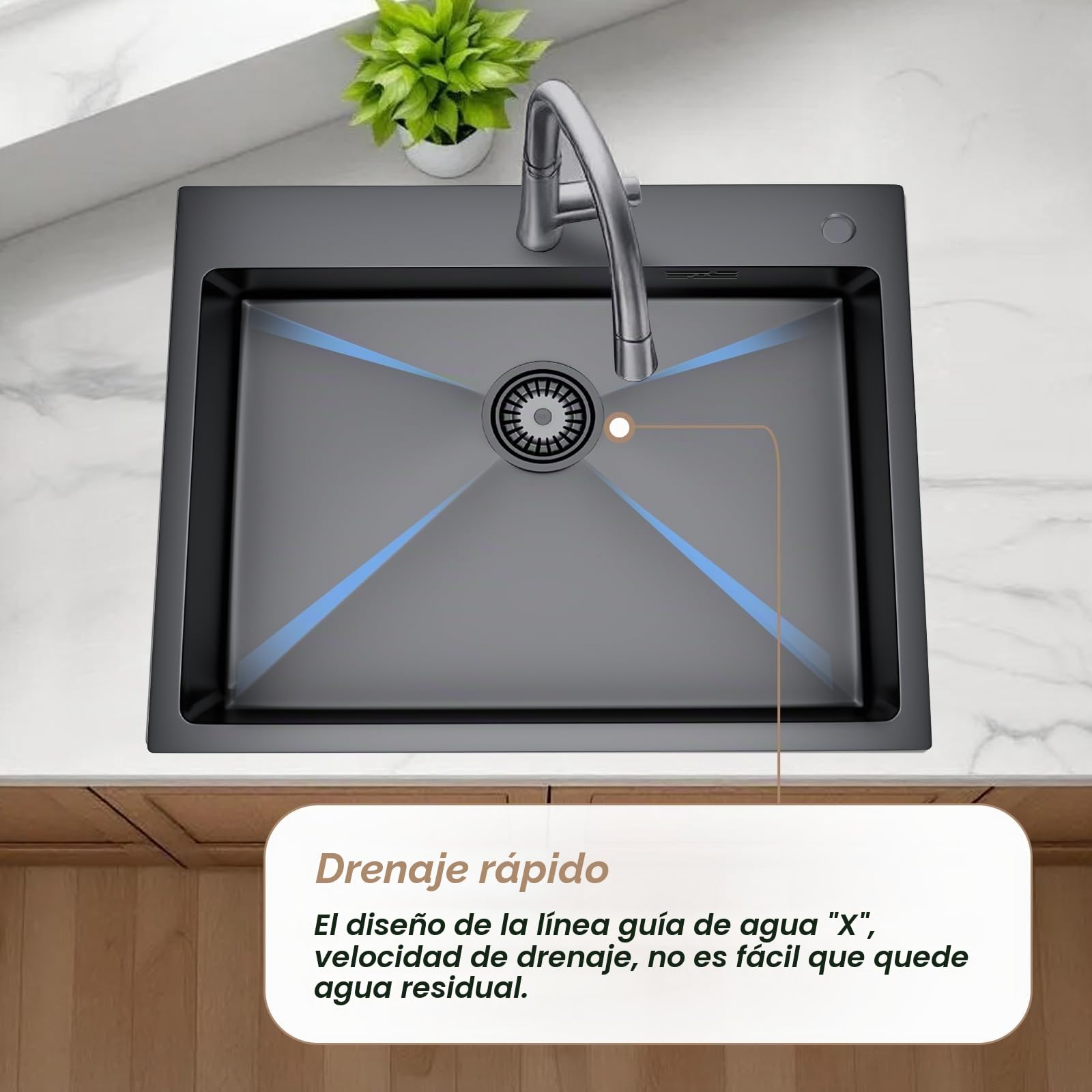 Fregadero doble de acero inoxidable, 55 x 45cm, con 2 cuencas, orificio para grifo y juego de sifón, fregadero cocina 2 senos fregadero dos senos kitchen sink (Black, L55XW45cm)