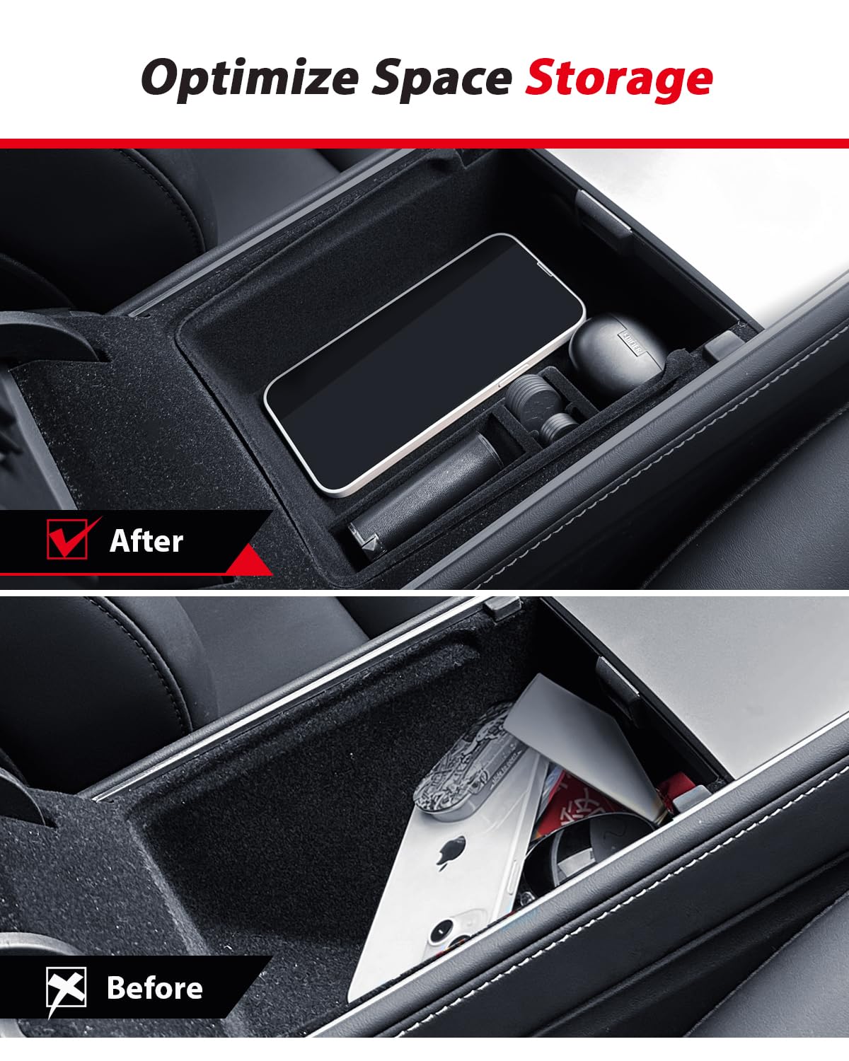 Boîte De Rangement Kit 4 Pièces Rangement Tesla Model Y/Model 3 - Organiseur Accoudoir Et Console - Noir - 2021-2024 Boîtes Rangement Model 3