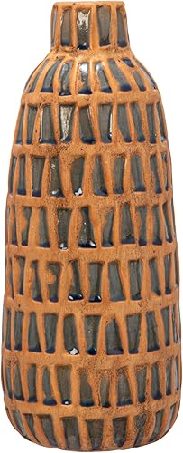 Miniatura 6 de Creative Co-Op Jarrón terracota grabado de 14 pulgadas, natural y azul
