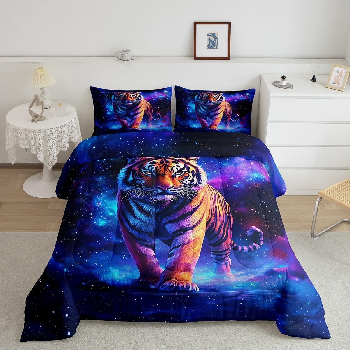 3D Tiger Kids Bedding Comforter Set Toddler Size,Wildlife Animals Themed Bedding Sets All Season,Exotic Starry Galaxy Bedroom Quilt Set,Navy Blue Duvet Insert,1 Pillowcase