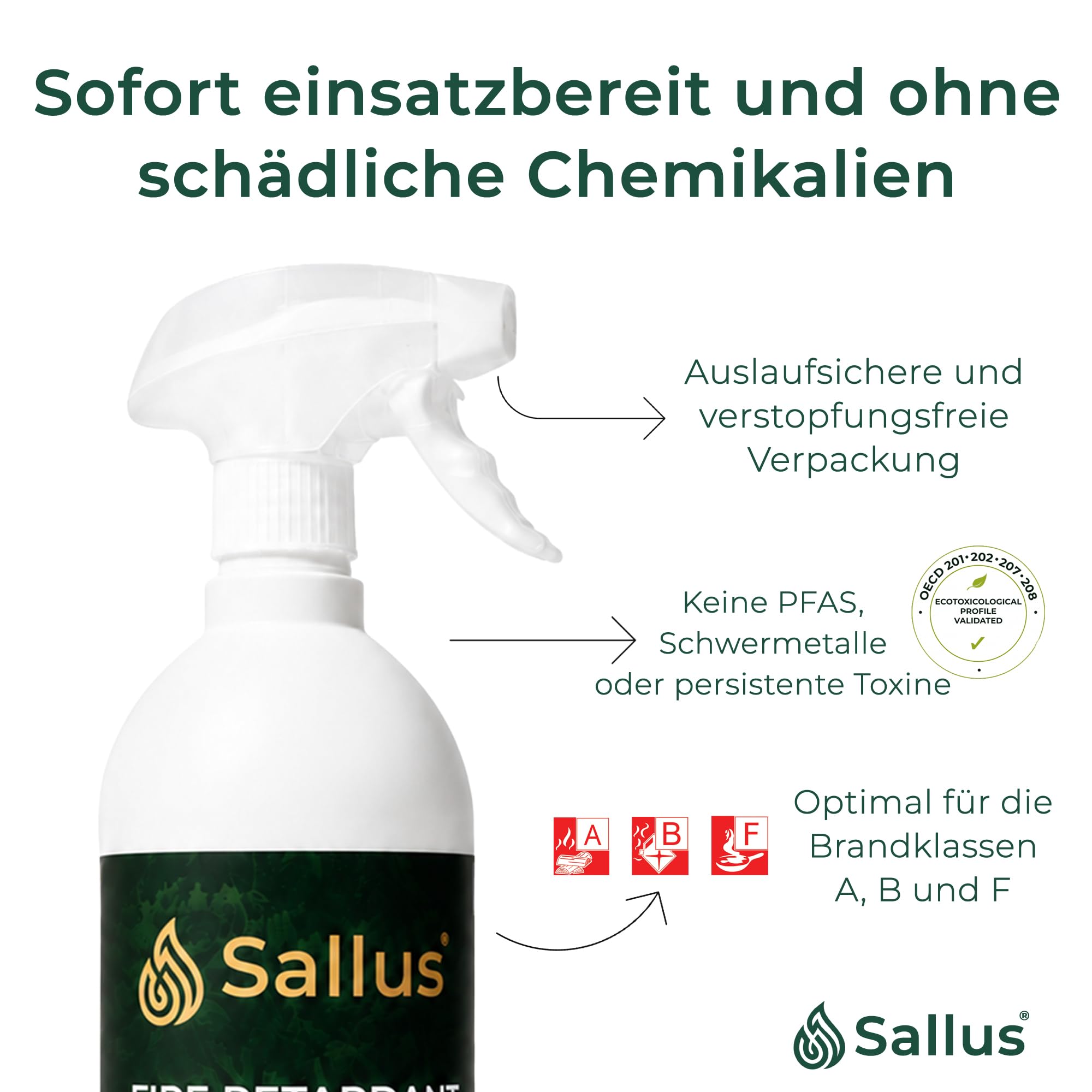 Sallus Flammschutzspray 1L | Aktiver Hitzeschild | Ungiftige, biologisch abbaubare Wärmedämmschicht für Holz, Textilien und mehr. Optimal für die Brandschutzklassen A, B und F.