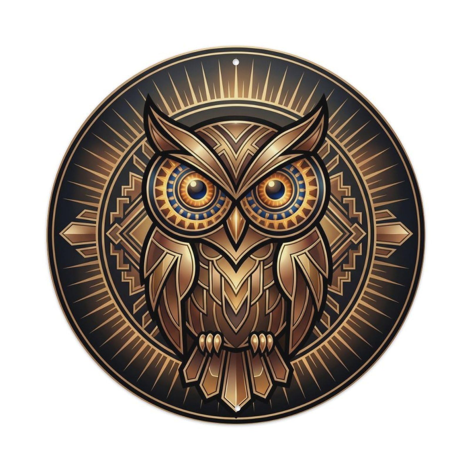 Owl Bird Deco Style Wildlife Wisdom Geometric Portrait Metal Tin Sign Plaque Wall Decor for Cafe, Man Cave, Club Bar, Office, Home Garden Round Metal Poster 8x8Inch