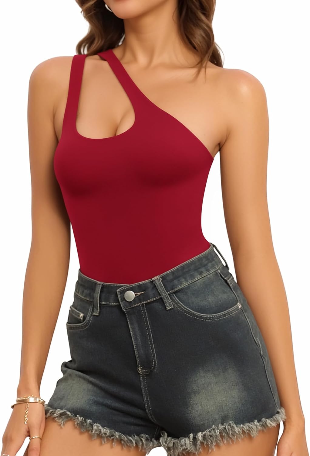 MANGOPOP Women's One Shoulder Sleeveless Bodysuit Sexy Cutout Backless Body Suit Double Lined Going Out Tank Top - Image 3