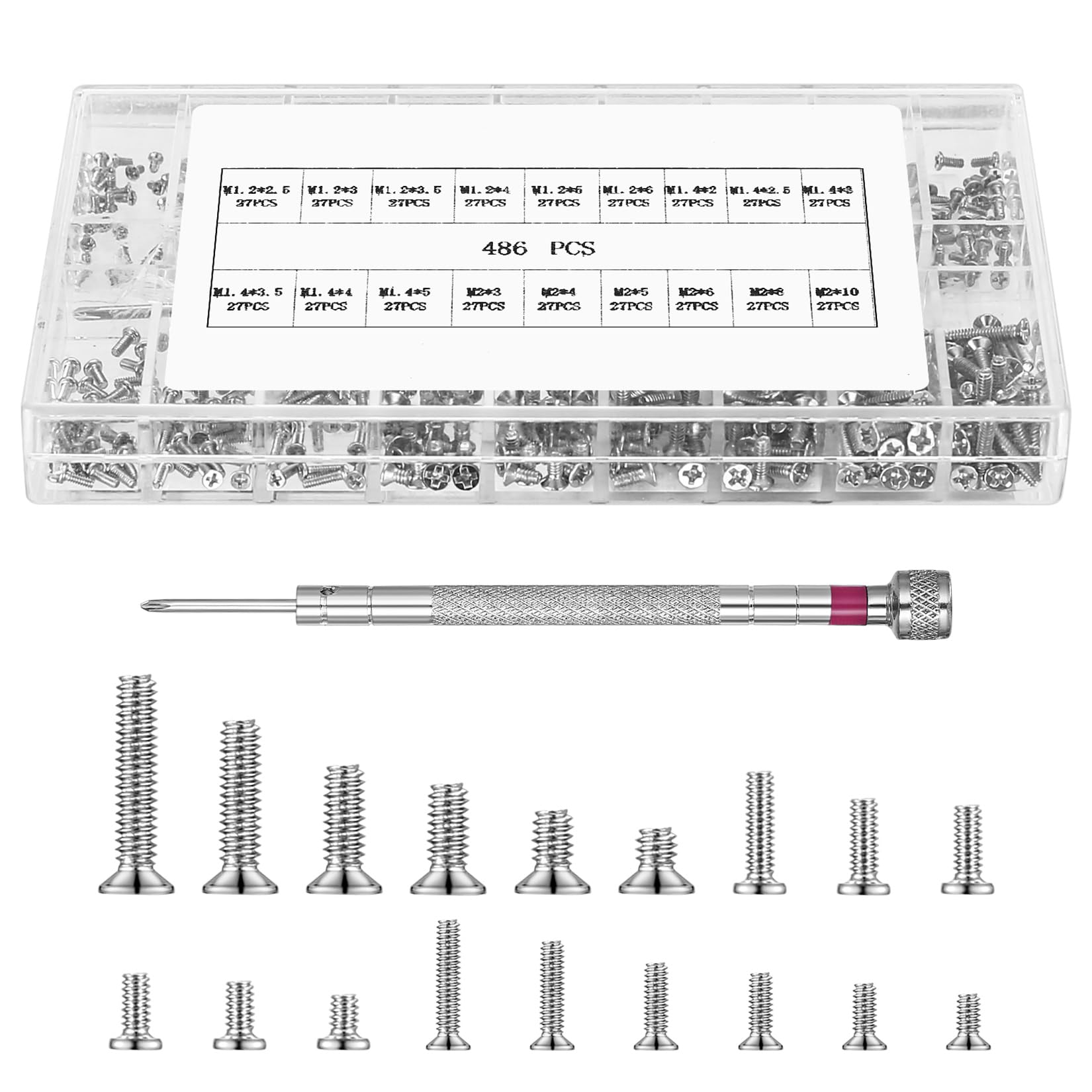 Set di 486 viti piccole dimensioni, viti occhiali, M1.2 M1.4 M2, viti riparazione mini, viti orologi micro, viti orologi computer
