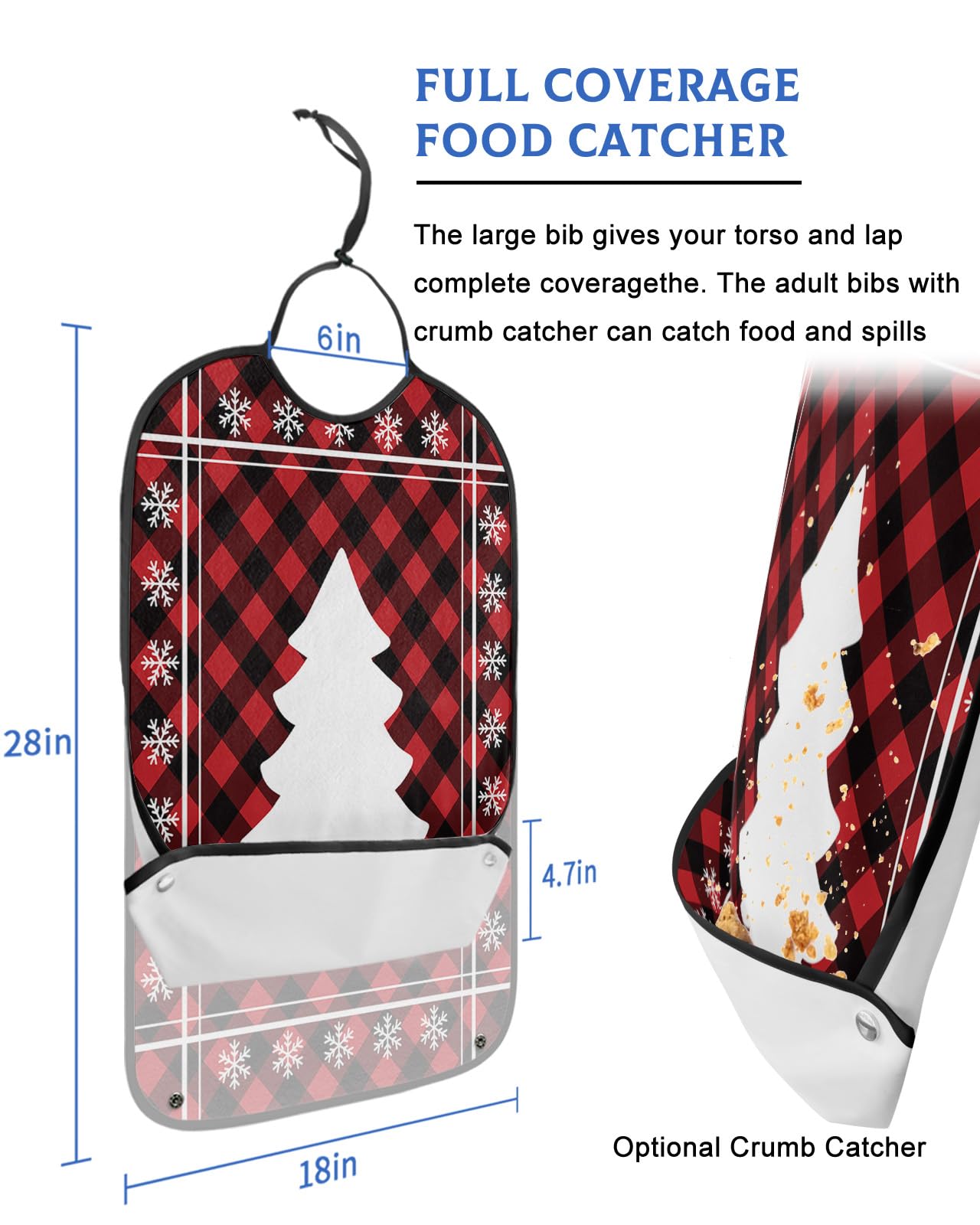 Christmas Tree Adult Bibs for Eating, Waterproof Bibs with Food Catcher & Adjustable Snap Closure, Red Black Plaid Winter Snowflake Washable Clothing Protectors Adult Bibs for Elderly Women/Men