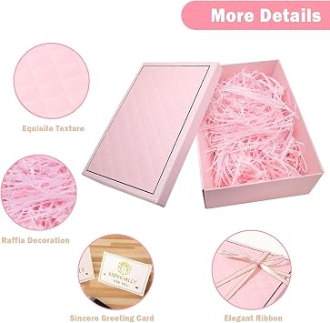 Pink Gift Box with Lids Large Gift Boxes for Presents Textured, Foldable Present Container with Card, Shredded Paper, Ribbon 25x18x8.8cm Empty Boxes for Valentine's Day Birthdays, Weddings